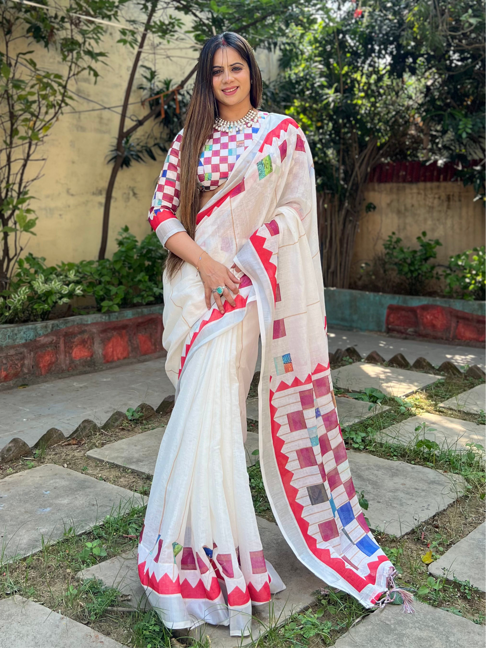 White Pure Cotton Linen Saree with Multicolor Checkered Design