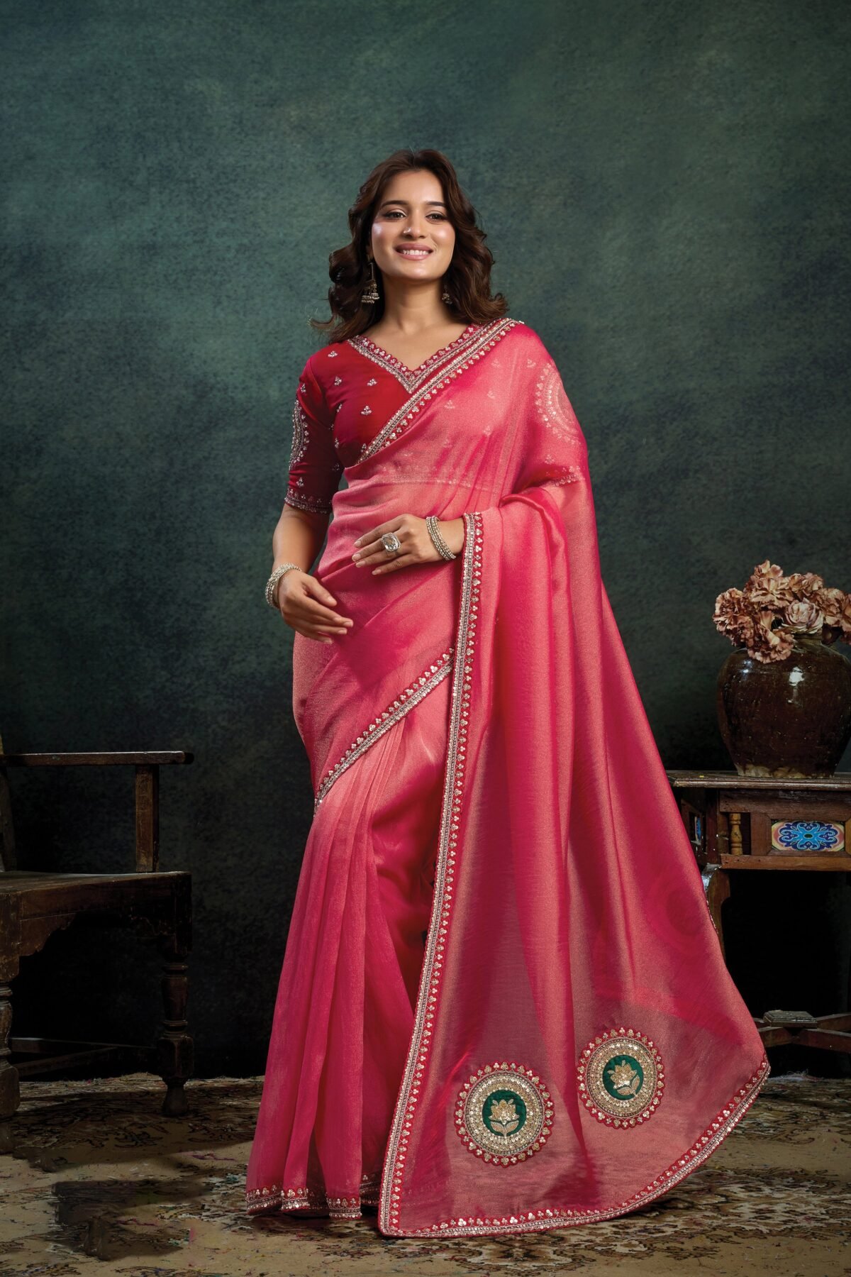 Vermilion Red Embellished Organza Silk Saree