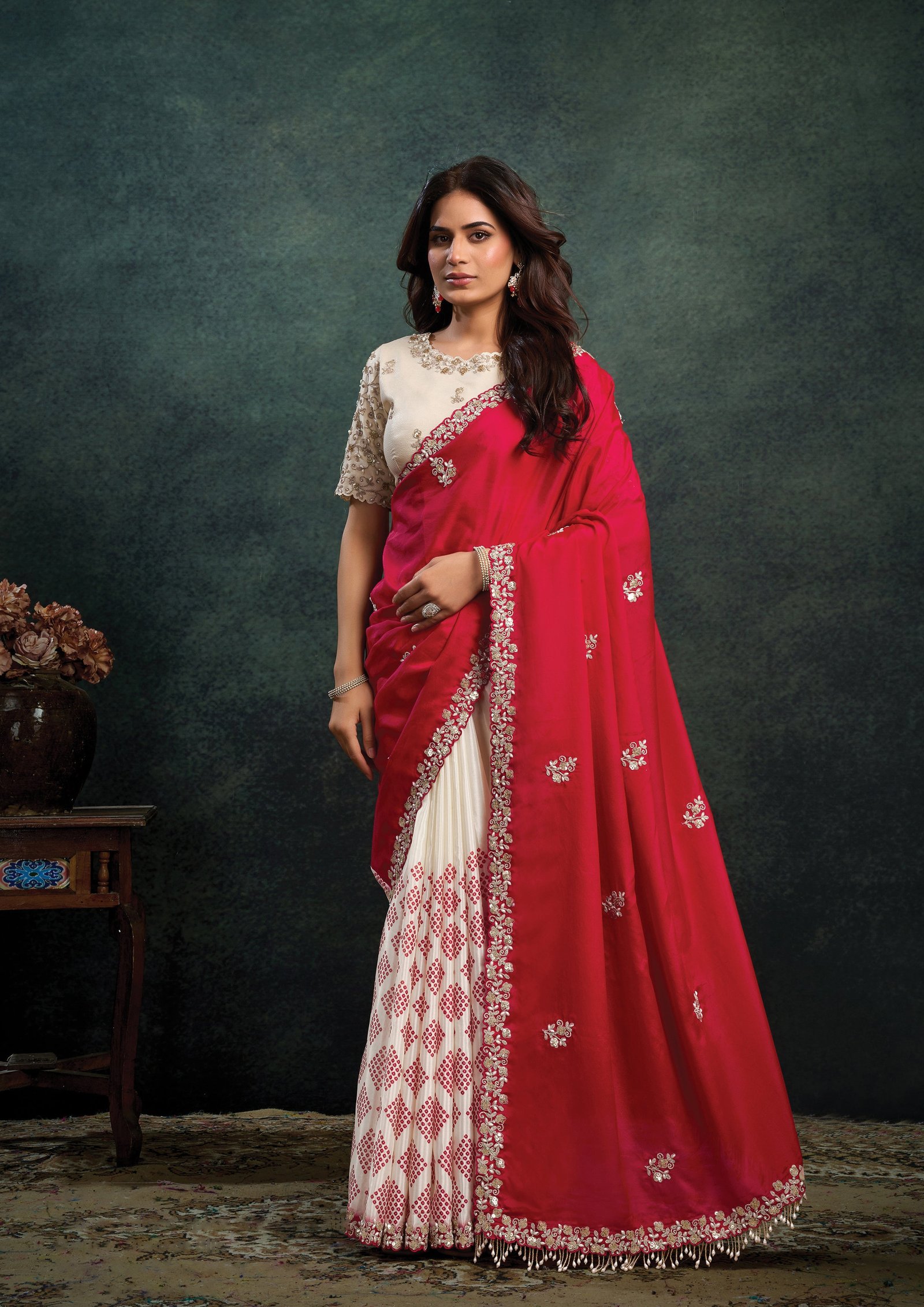 Crimson Pearl Embellished Satin Silk Saree