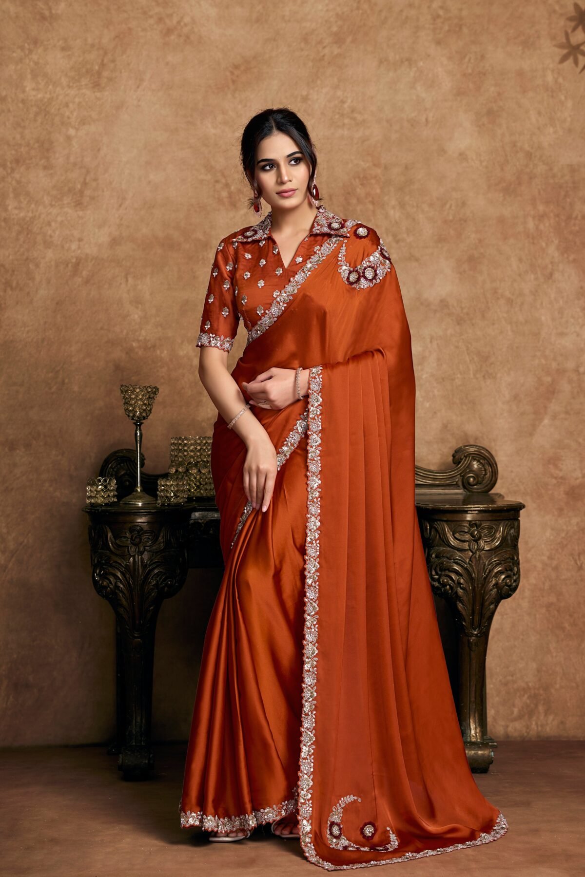 Rust Orange Embellished Satin Silk Saree