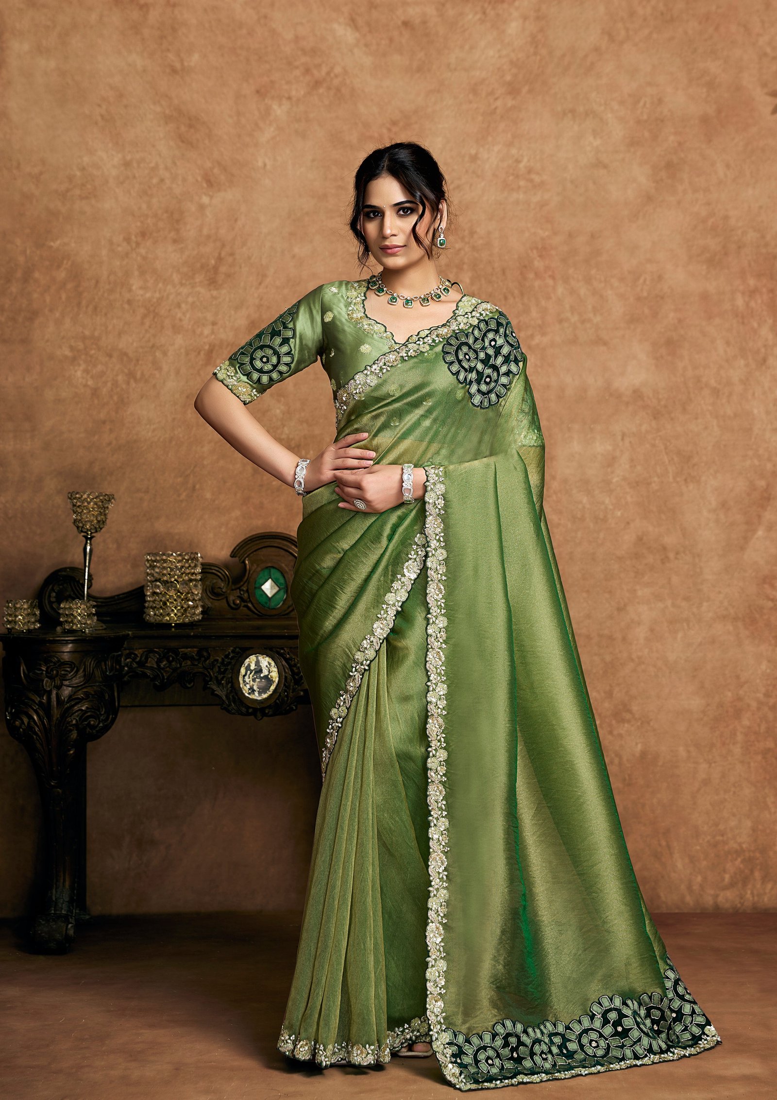 Moss Green Embellished Shimmer Organza Silk Saree