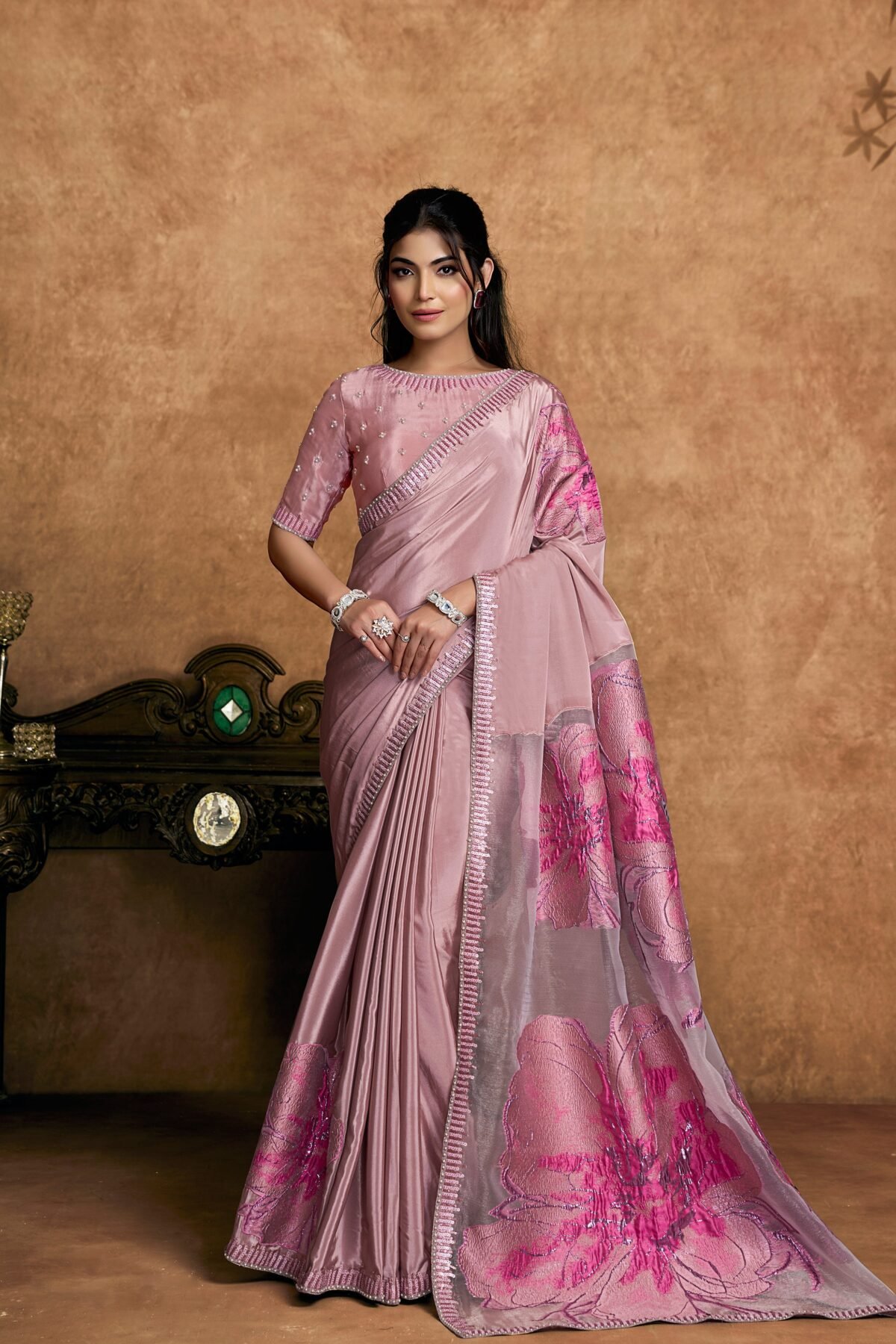 Blush Pink Embellished Satin Silk Saree
