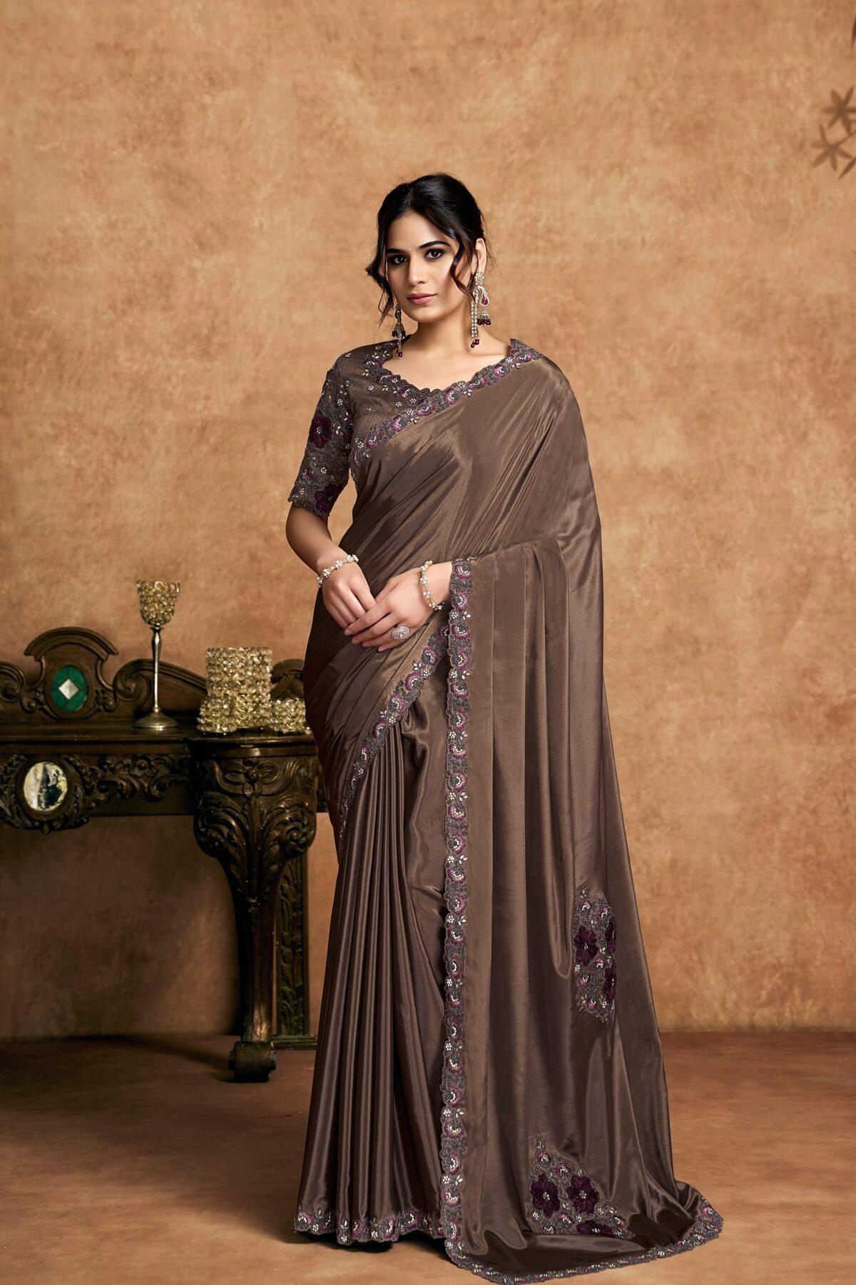 Espresso Brown Embellished Satin Silk Saree
