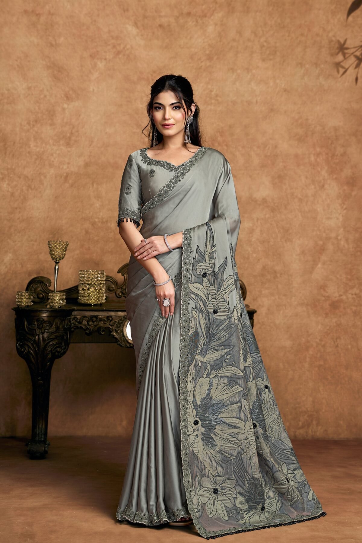 Steel Grey Embellished Satin Silk Saree