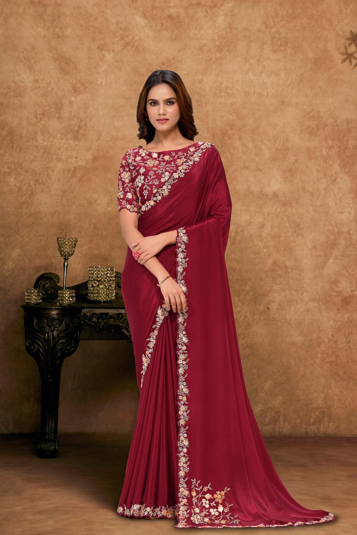 Deep Maroon Embellished Satin Silk Saree