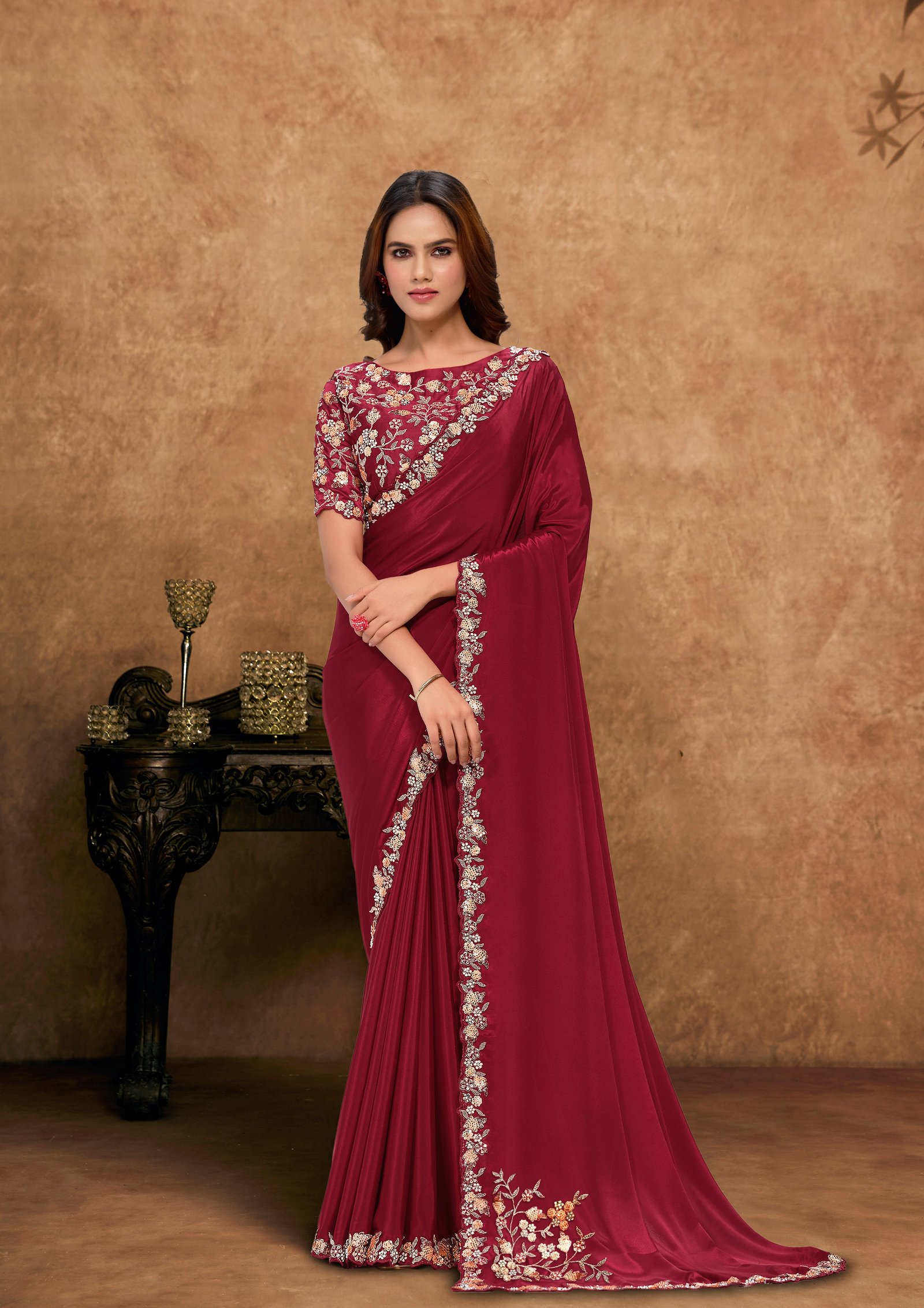 Deep Maroon Embellished Satin Silk Saree