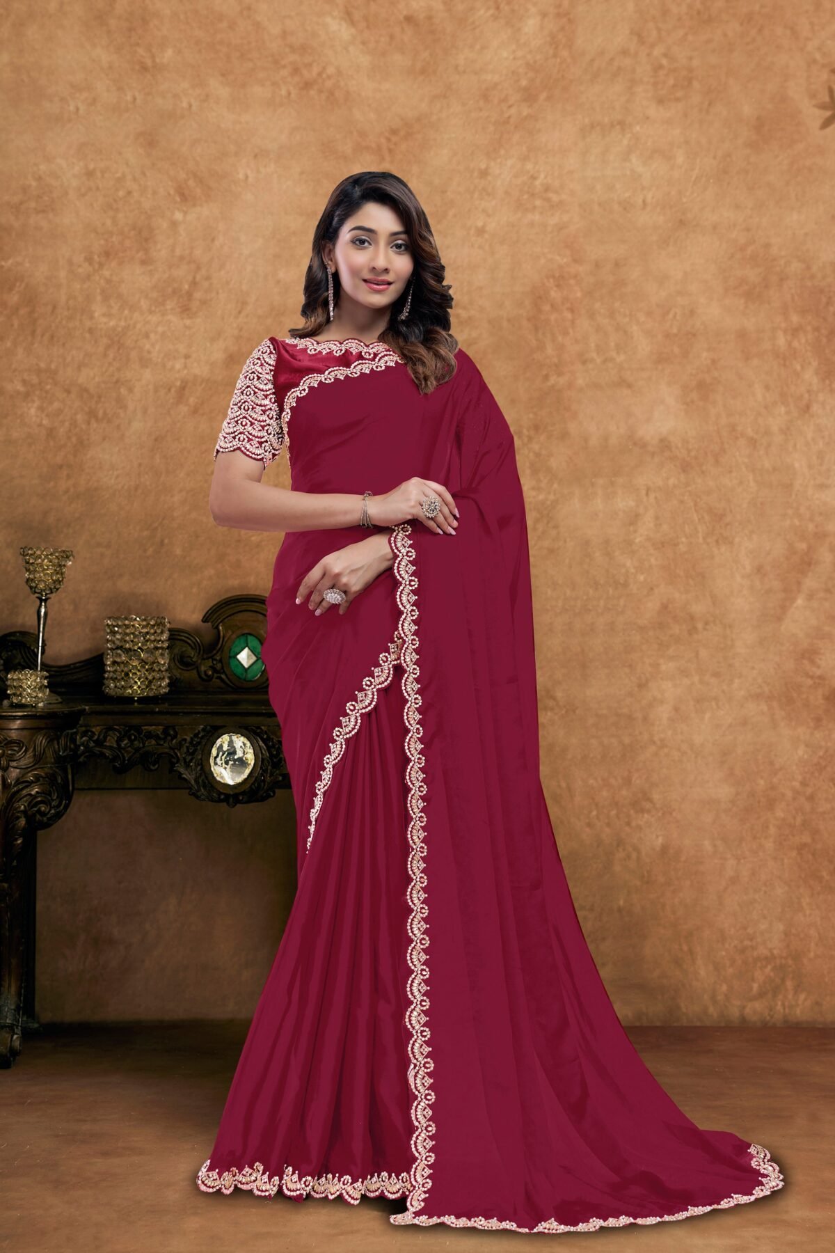 Crimson Red Embellished Crepe Silk Saree