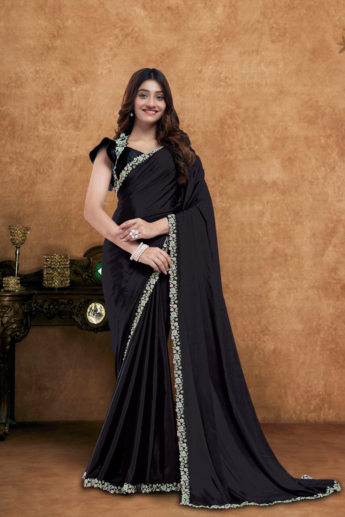 Deep Black Embellished Crepe Silk Saree