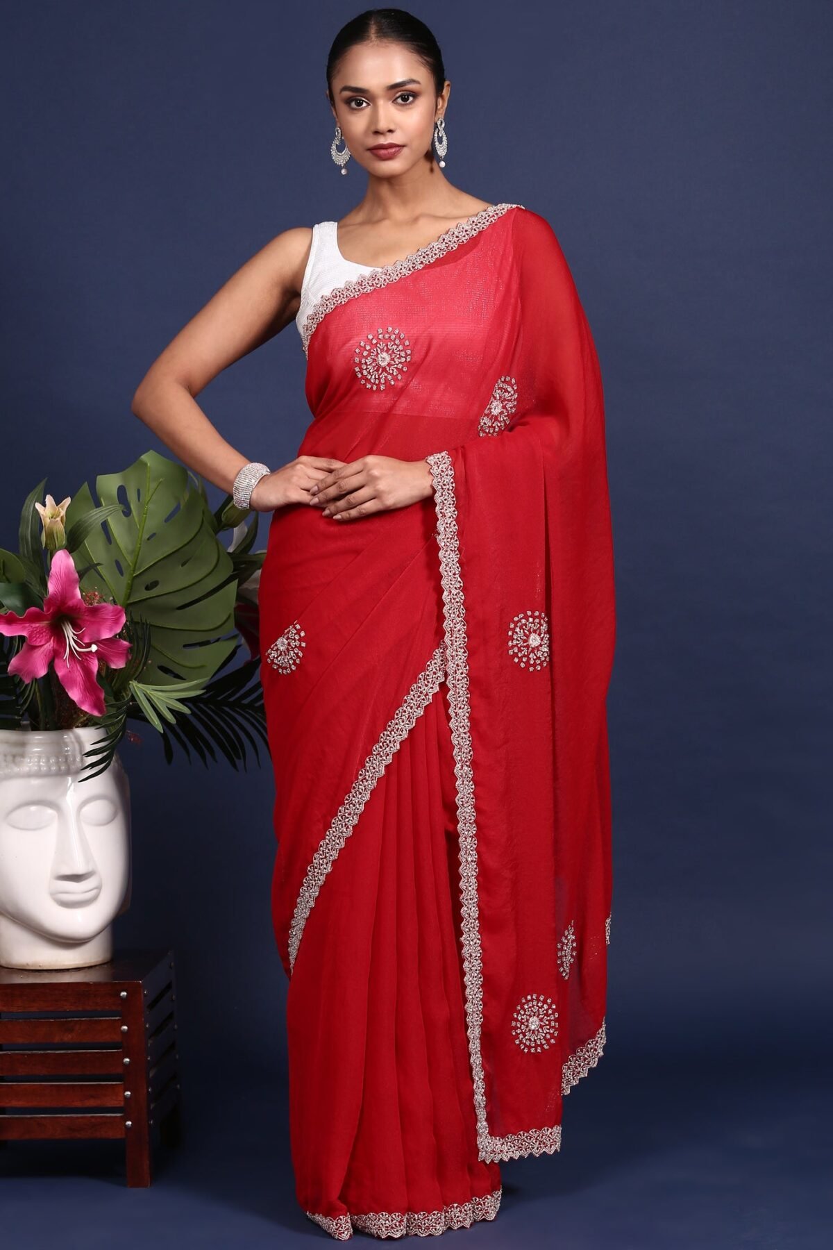 Red Satin Aari Embroidery Saree