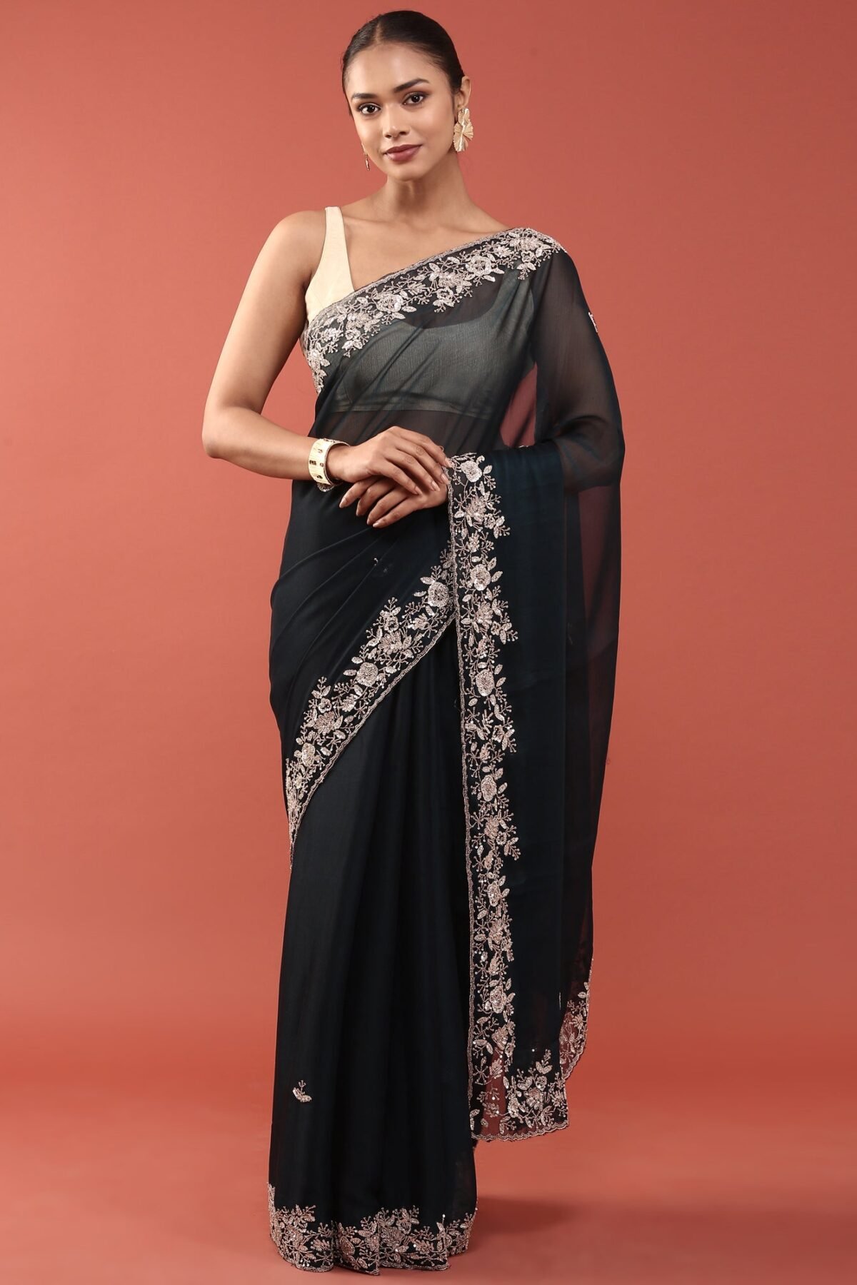 Peacock Organza Aari Embroidery Saree