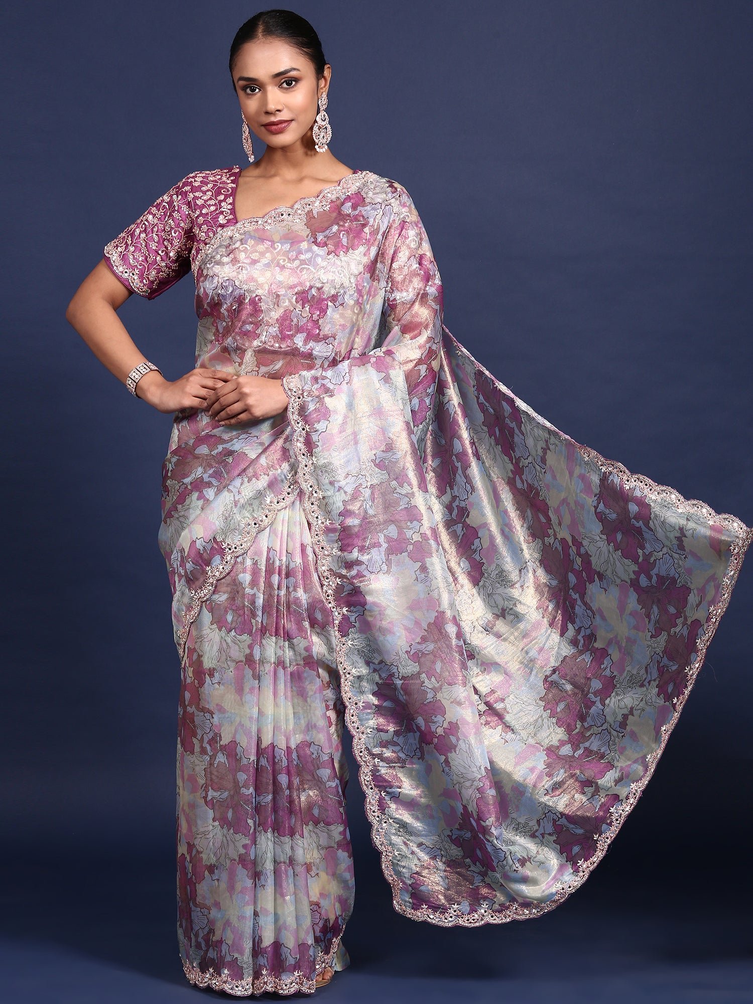Printed Shimmer Weaved Saree With Readymade Blouse