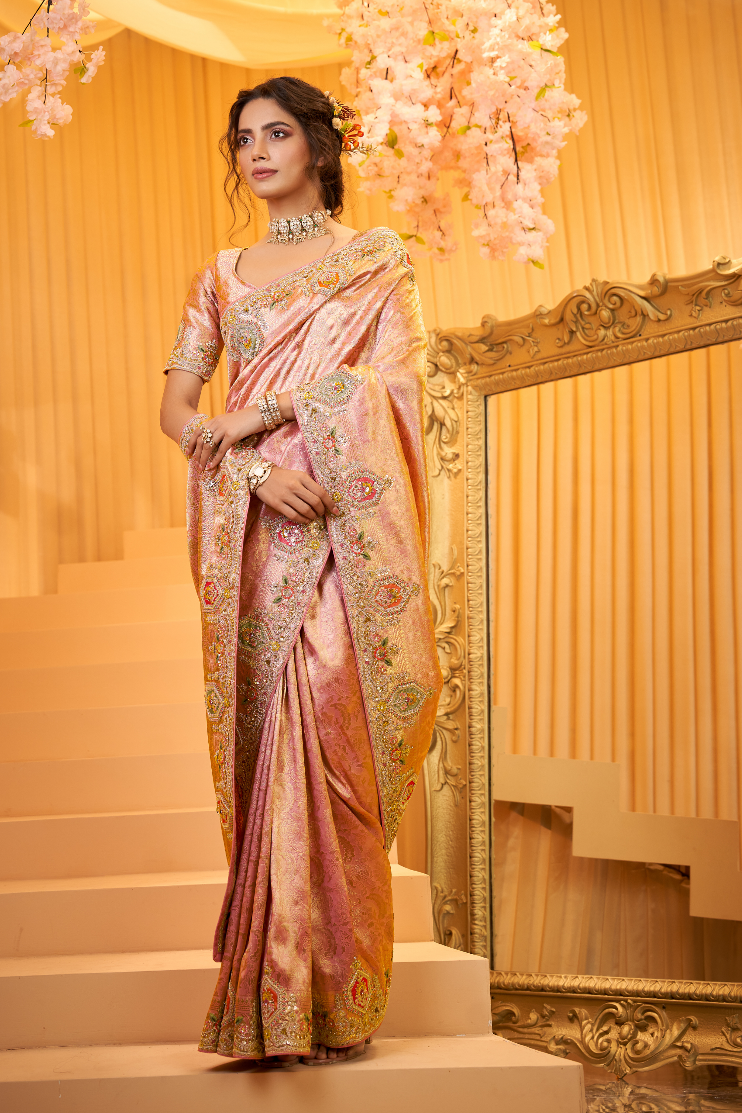 Banarasi Silk Saree with Aari, Pearl, Sequins, Thread, Zardozi work