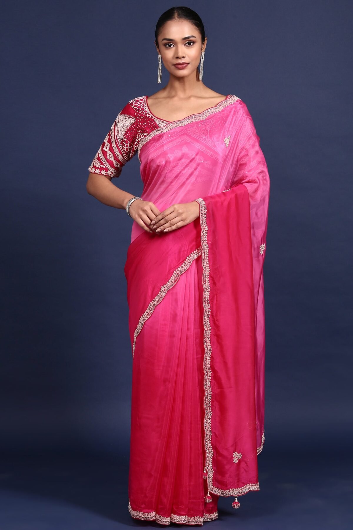 Rani Pink Crepe Embroidery Saree With Readymade Blouse