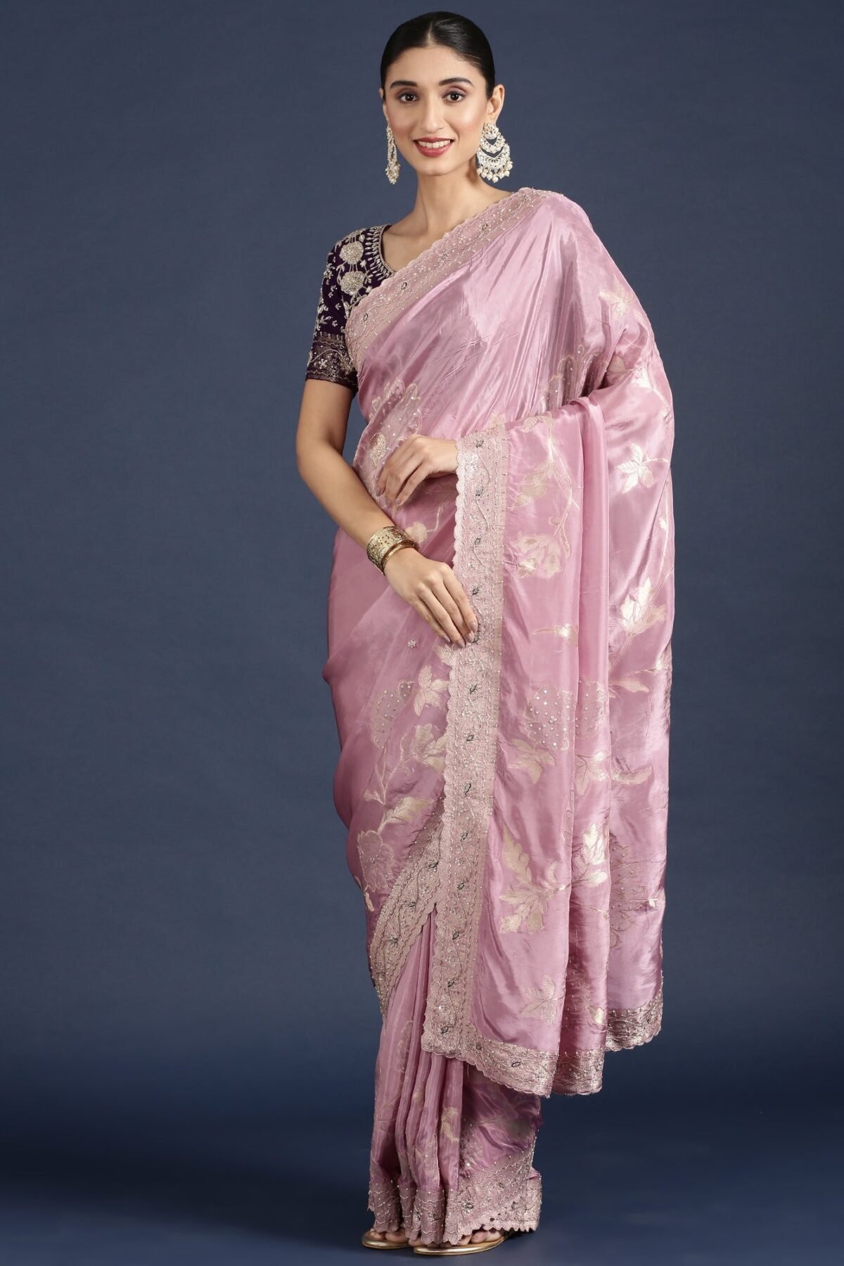 Lilac Tissue Weaved Saree With Stone Work Readymade Blouse
