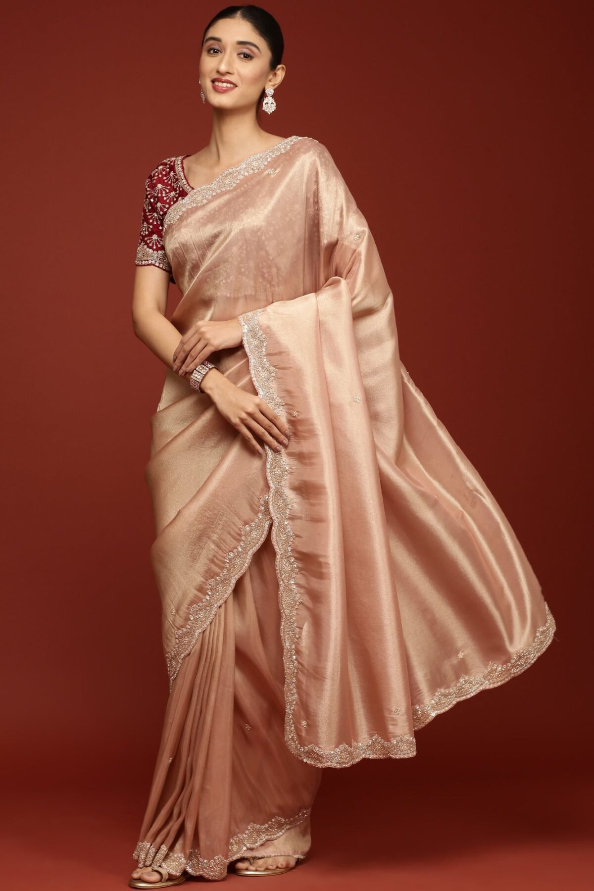 Peach Tissue Saree With Stone Work Readymade Blouse