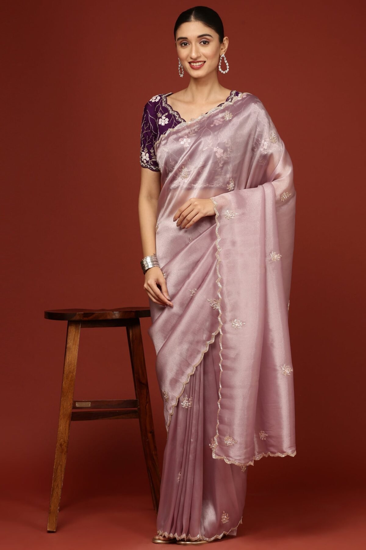 Lilac Tissue Hand Embroidery Saree With Stone Work Readymade Blouse
