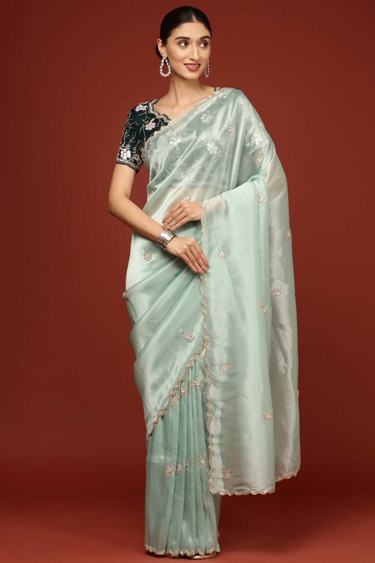 Sea Green Tissue Hand Embroidery Saree With Stone Work Readymade Blouse