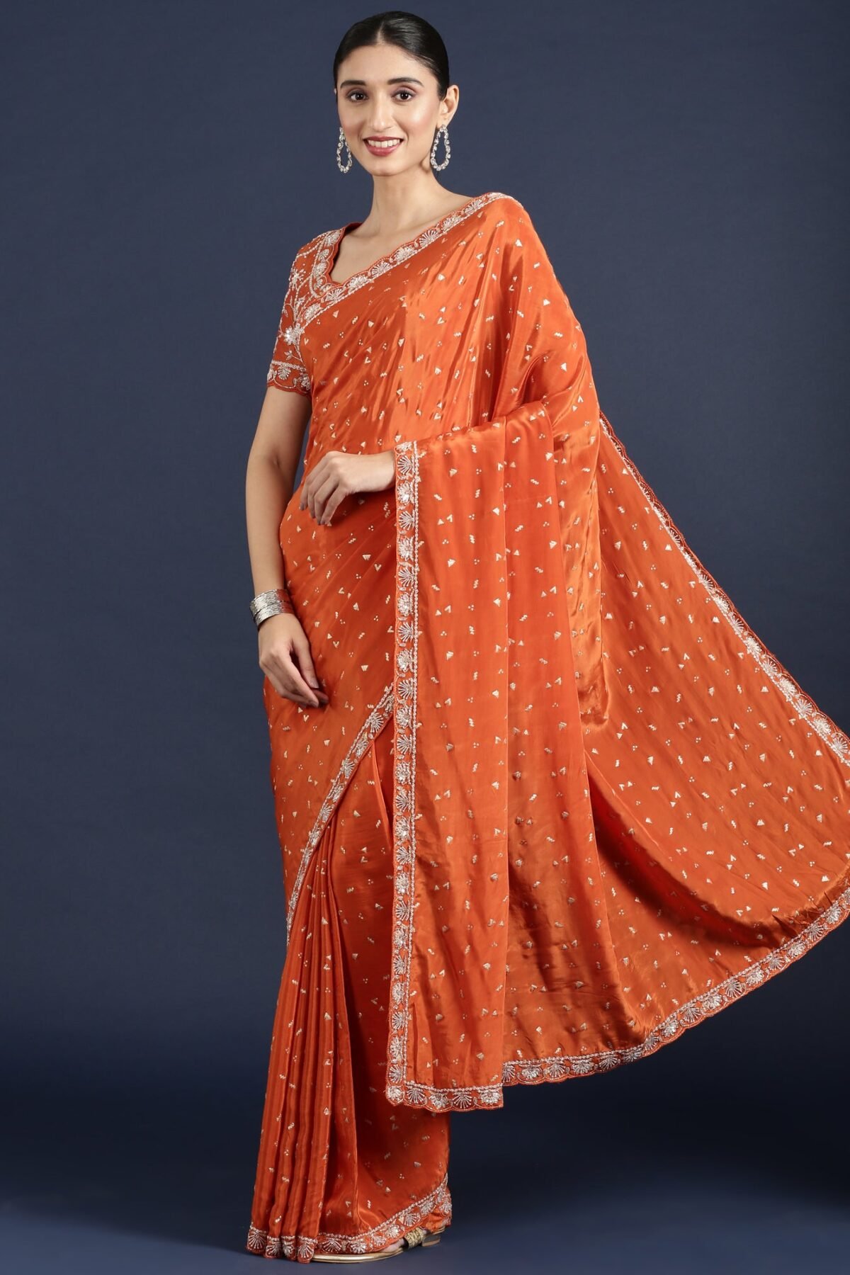 Orange Crepe Saree With Stone Work Readymade Blouse