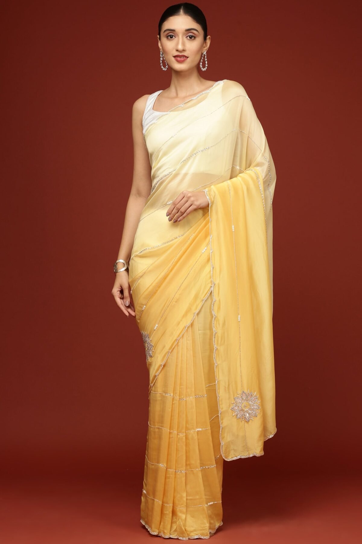 Yellow Crepe Embroidery Saree