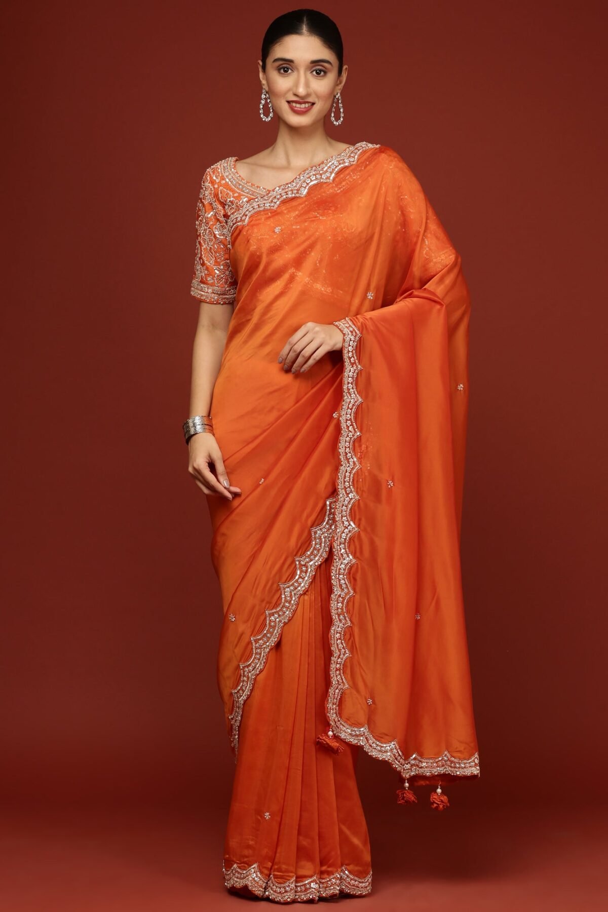 Orange Crepe Saree With Heavy Work Readymade Blouse