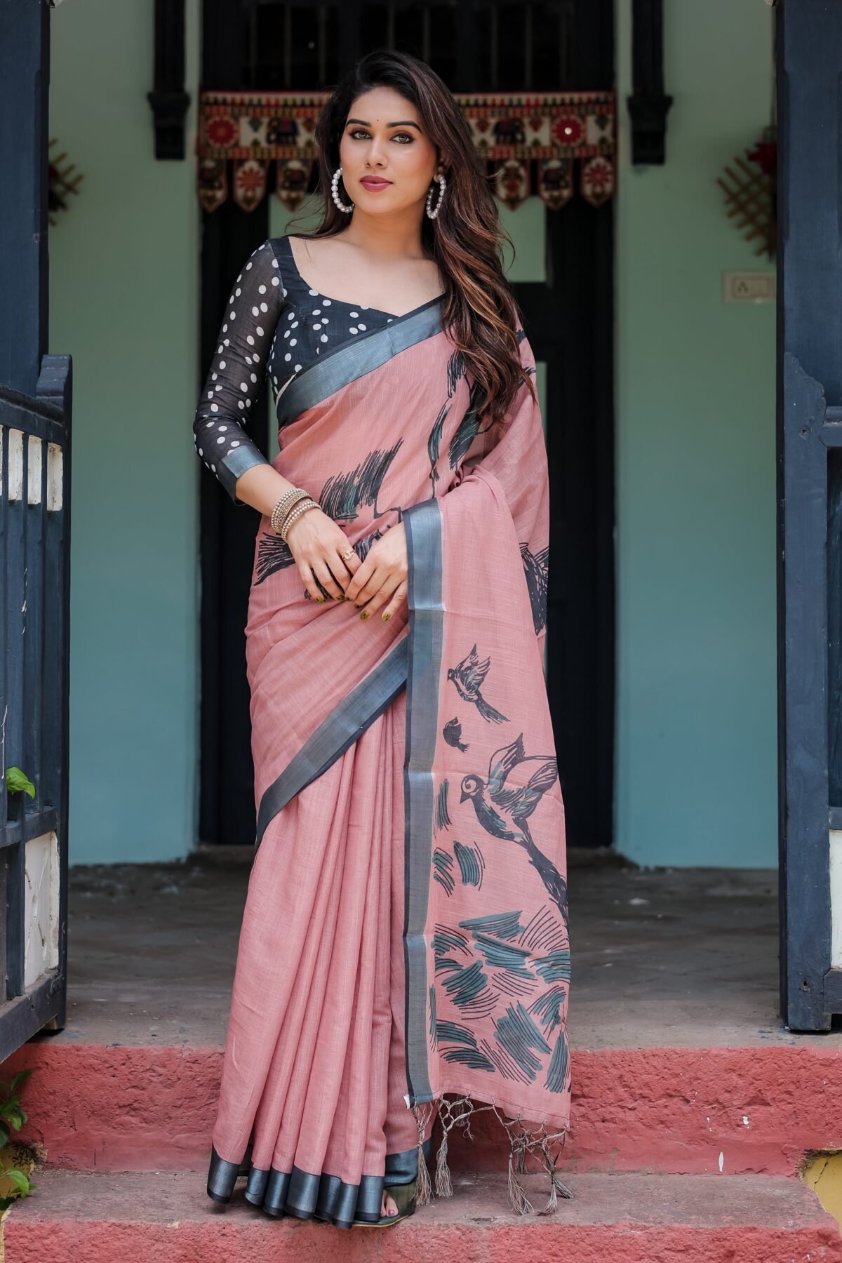 Blush Pink Pure Cotton Linen Saree with Contrast Polka Dot Blouse and Tassel Detailing