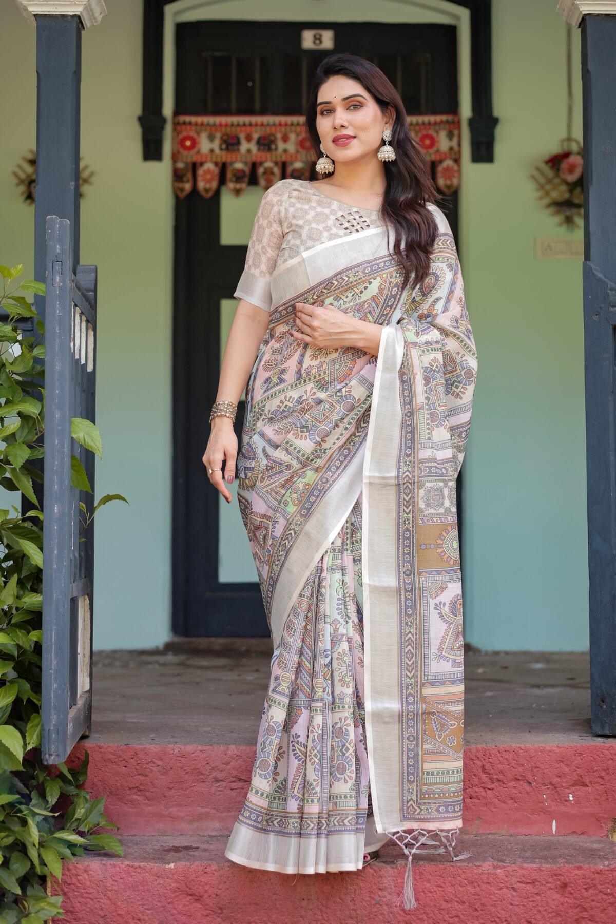 Cream and Pastel Multicolour Printed Pure Cotton Linen Saree with Blouse and Tassels on Edges