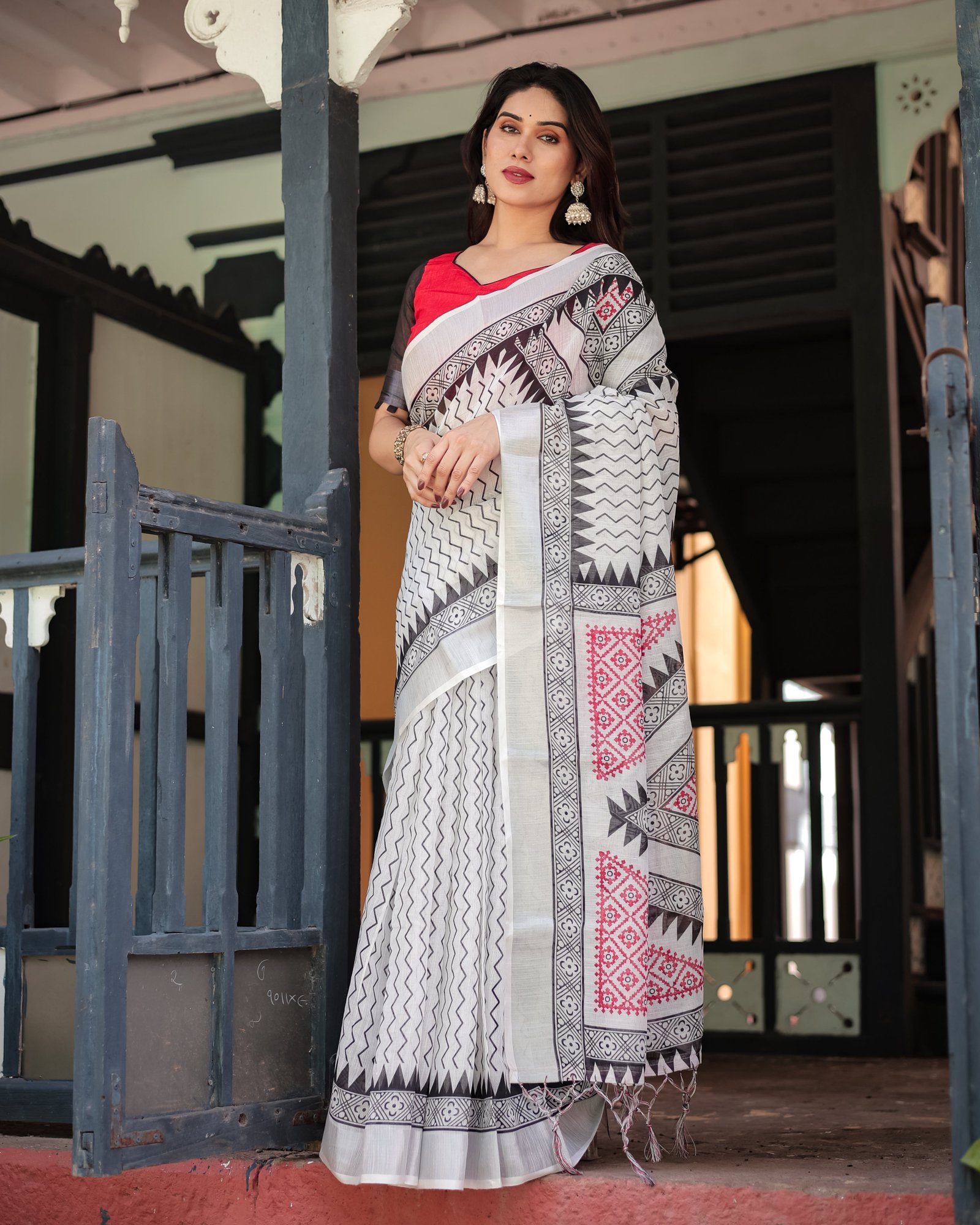Black and White Geometric Pattern Pure Cotton Linen Saree with Red Accents