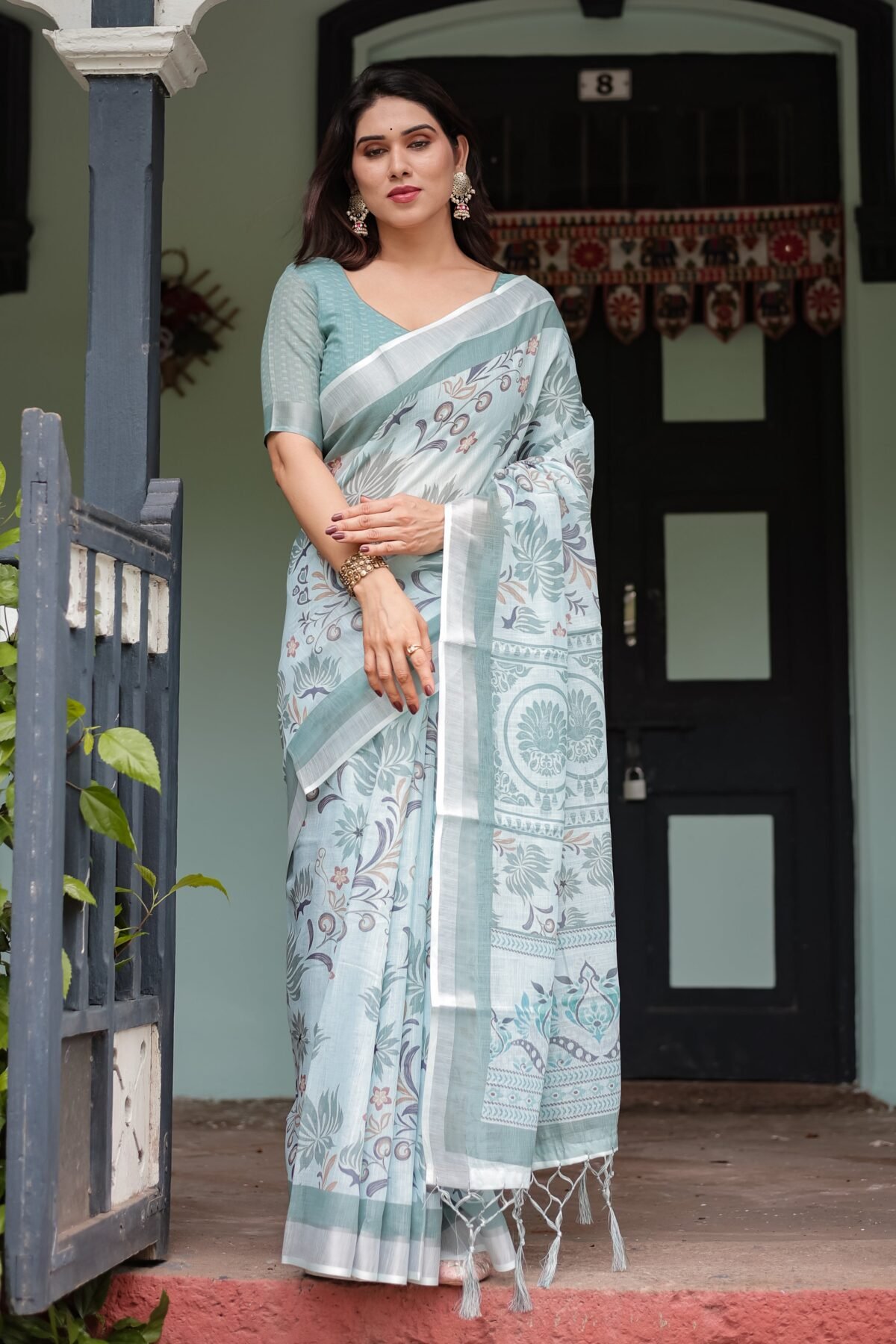 Mint Green Floral Pure Cotton Linen Saree with Blouse and Tassels