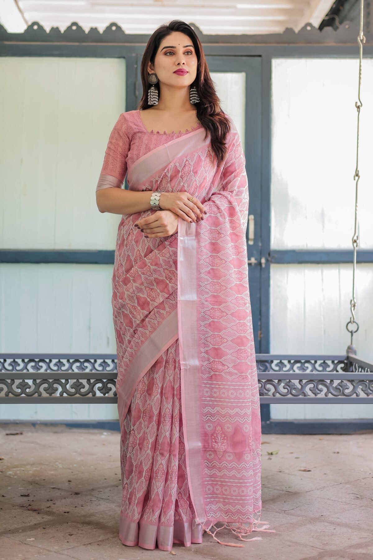 Elegant Rose Pink Pure Cotton Linen Saree with White Thread Work
