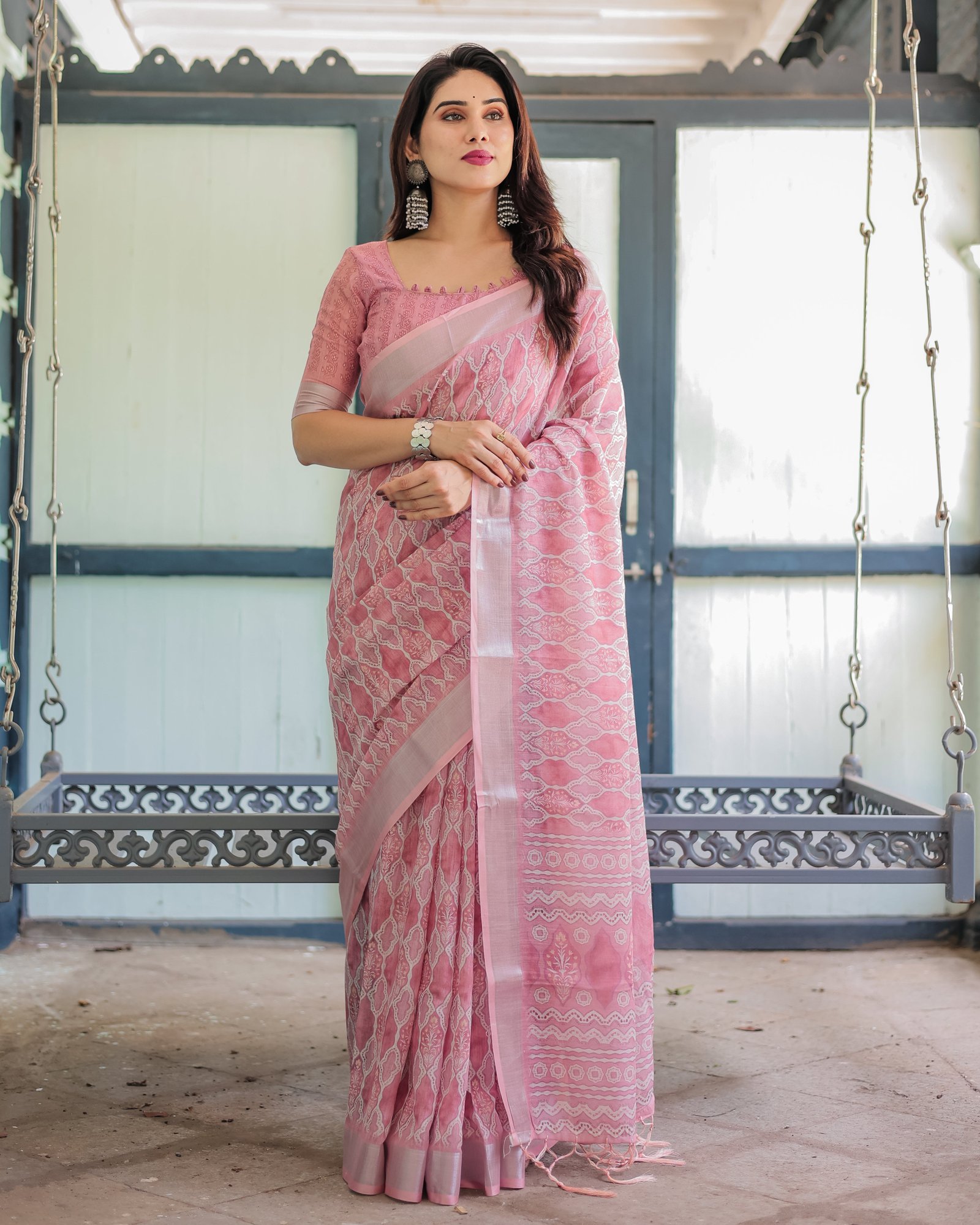 Elegant Rose Pink Pure Cotton Linen Saree with White Thread Work