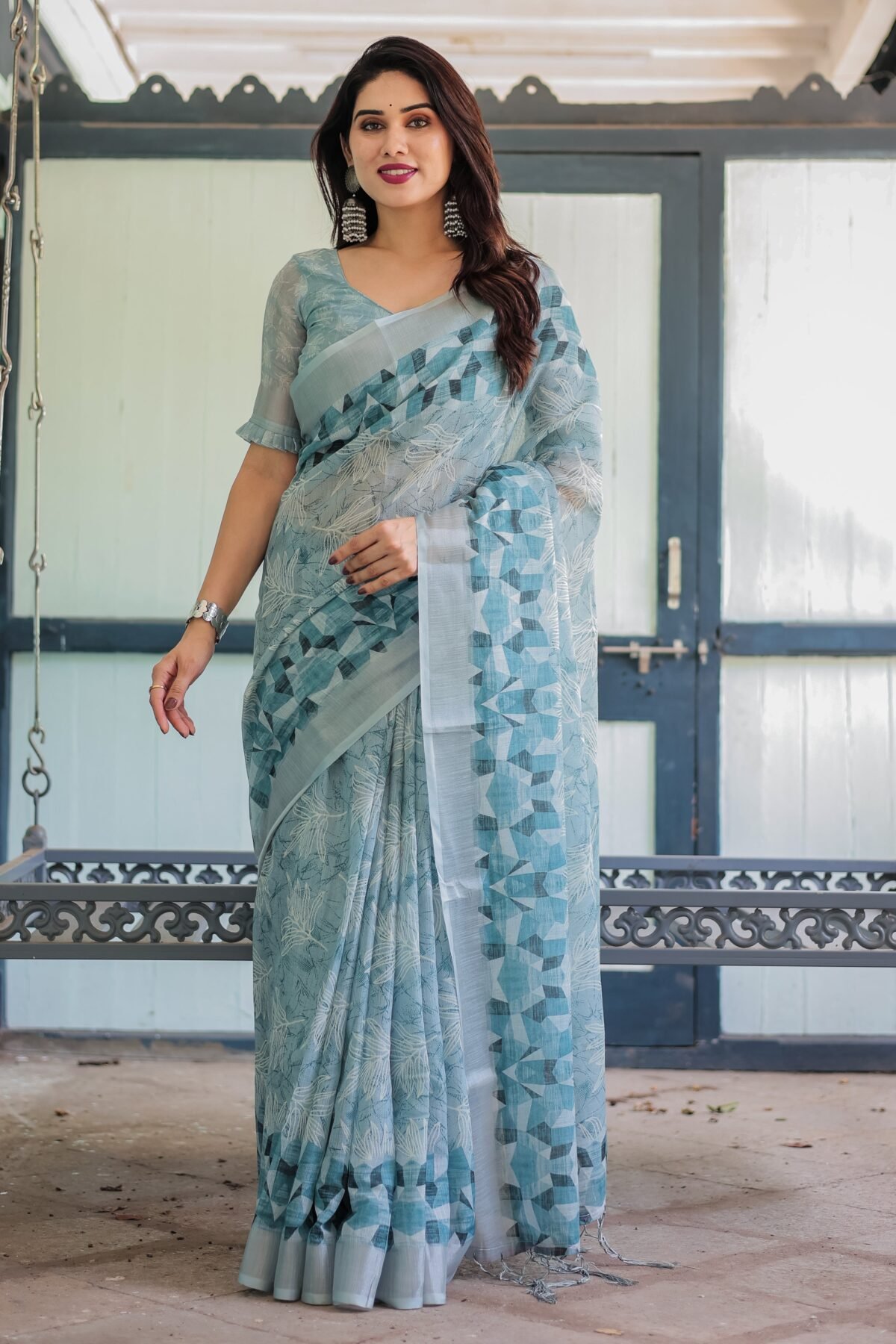 Light Blue Pure Cotton Linen Saree with Geometric and Floral Patterns