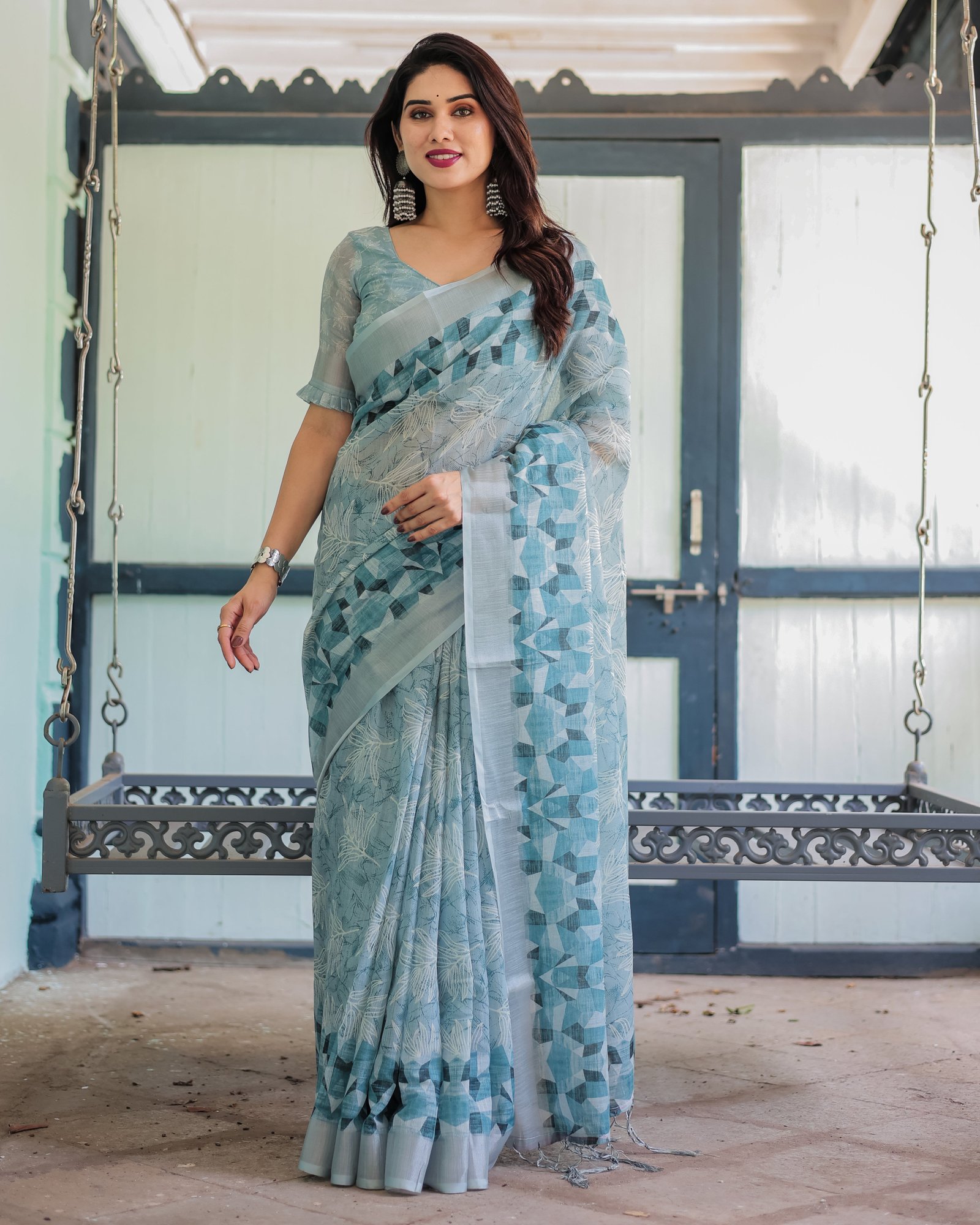Light Blue Pure Cotton Linen Saree with Geometric and Floral Patterns