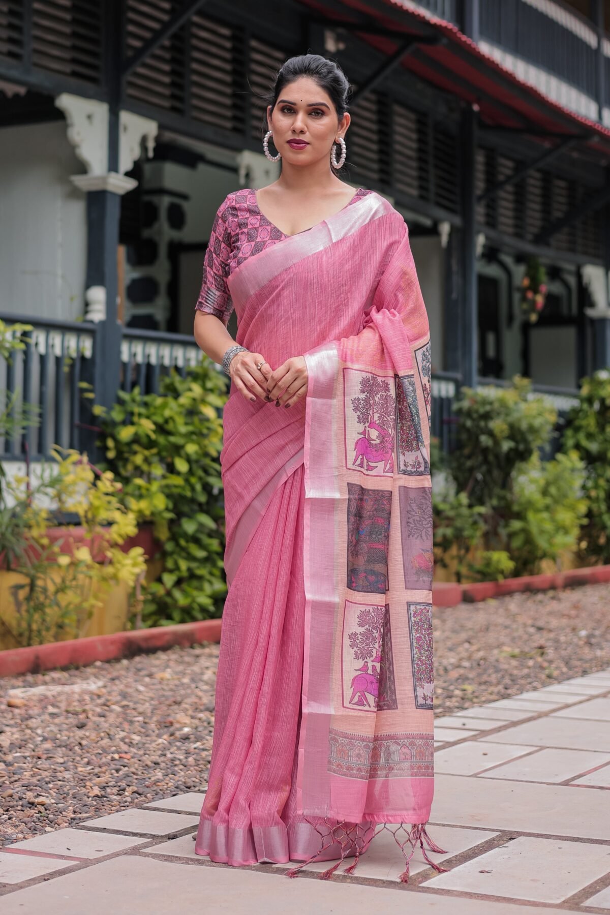 Pink Pure Cotton Linen Saree with Floral and Nature Print