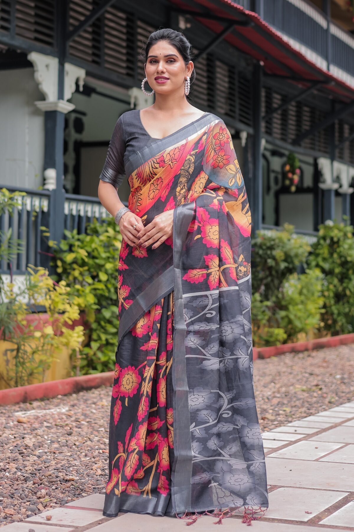 Multicolor Floral Design Pure Cotton Linen Saree with Blouse and Tassels