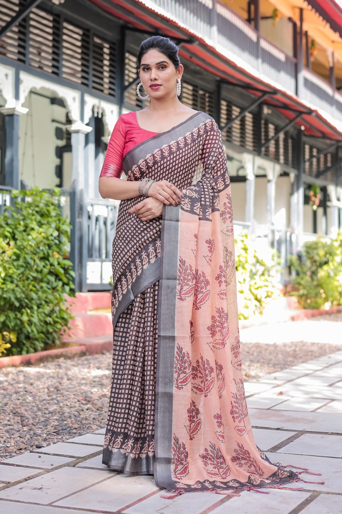 Peach and Black Floral and Geometric Design Pure Cotton Linen Saree with Blouse and Tassels