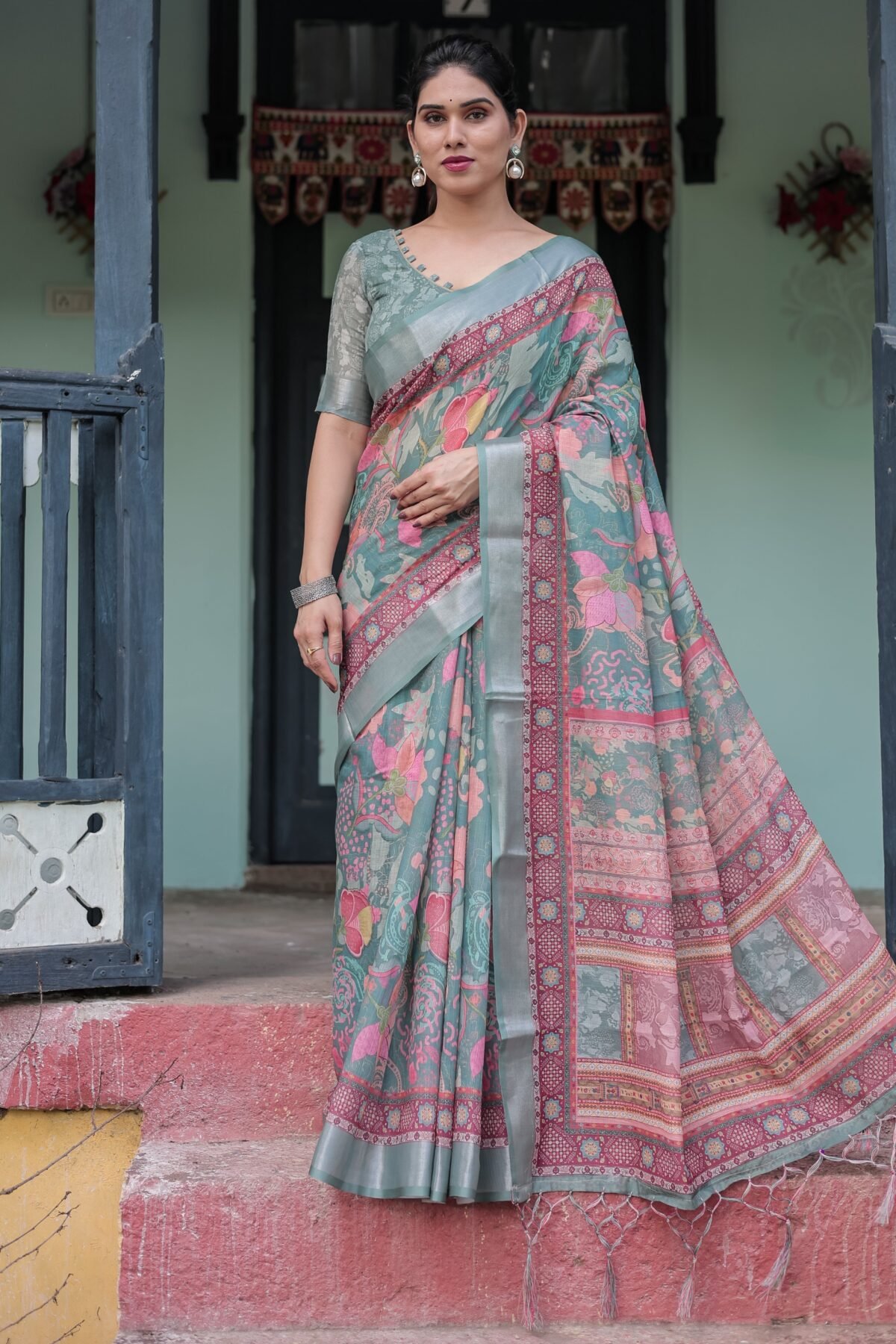 Pink and Maroon Pure Cotton Linen Saree with Blouse and Tassels - Floral Design with Leaf Patterns