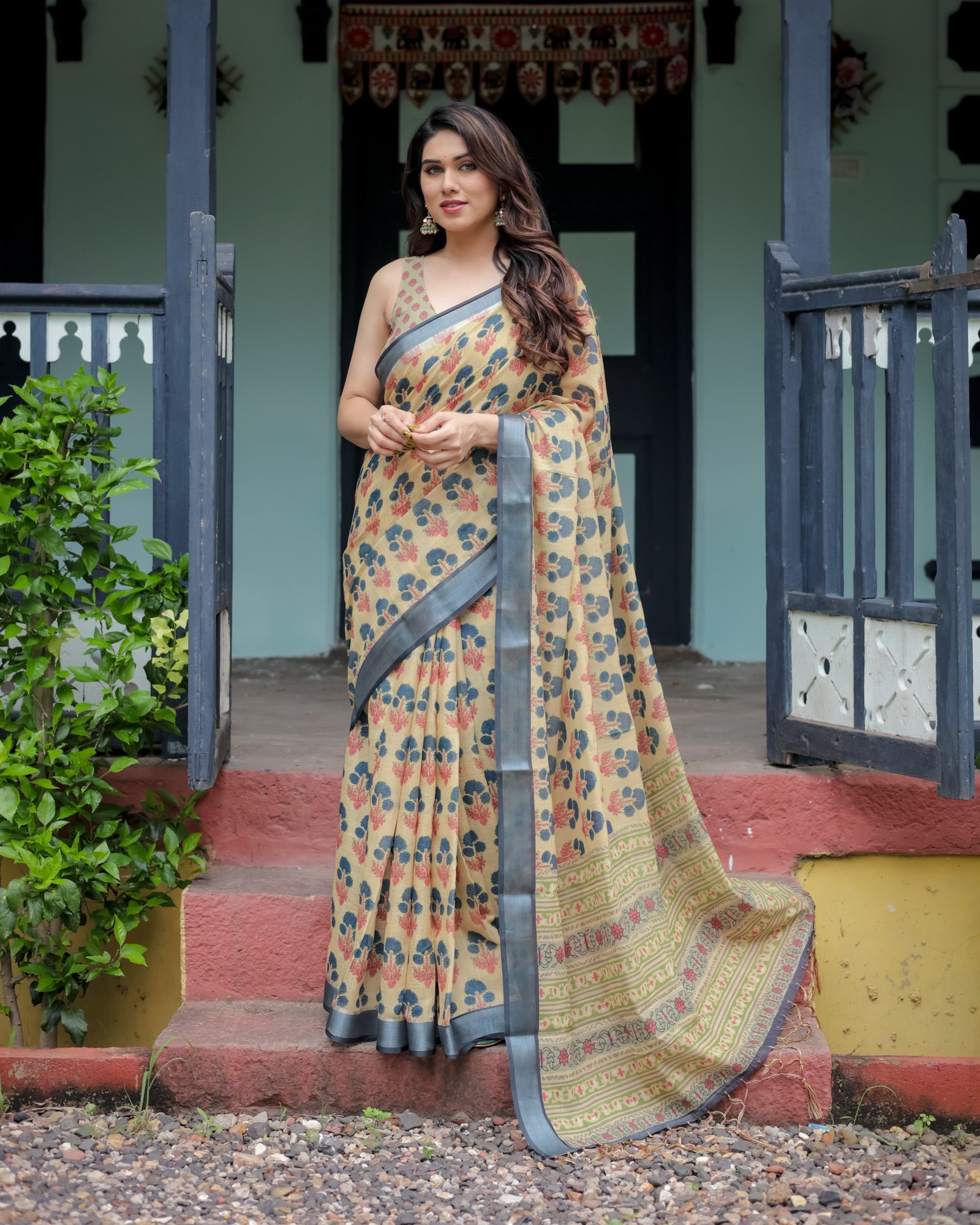 Beige and Charcoal Pure Cotton Linen Saree with Floral Print