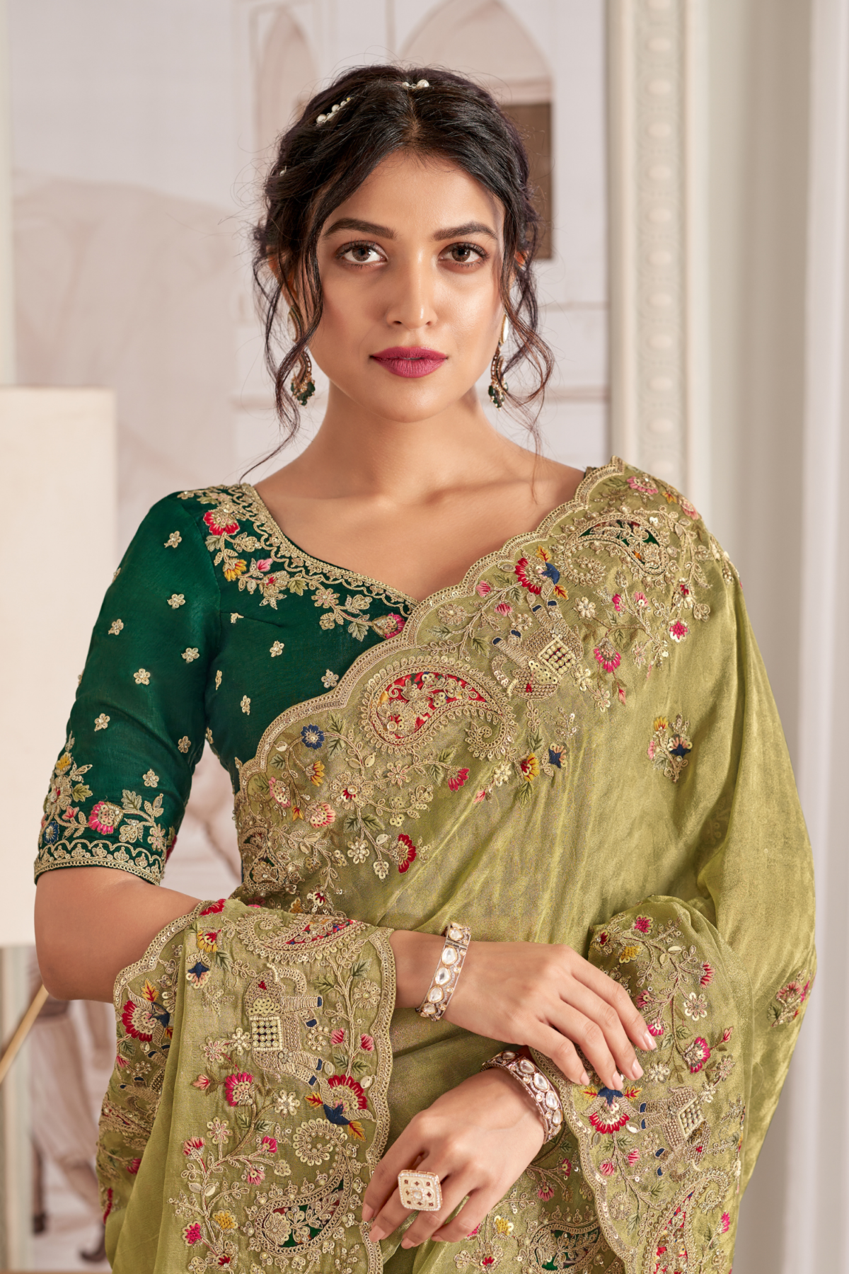 Tissue Saree with Aari, Dori, Pearl, Sequins, Stone, Thread work