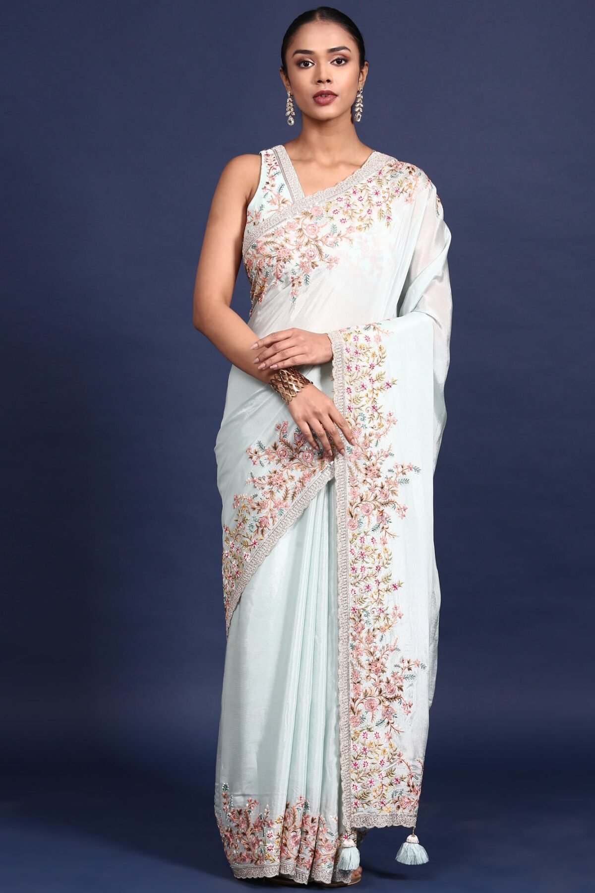 Sky Blue Crepe Embroidery Saree With Readymade Blouse