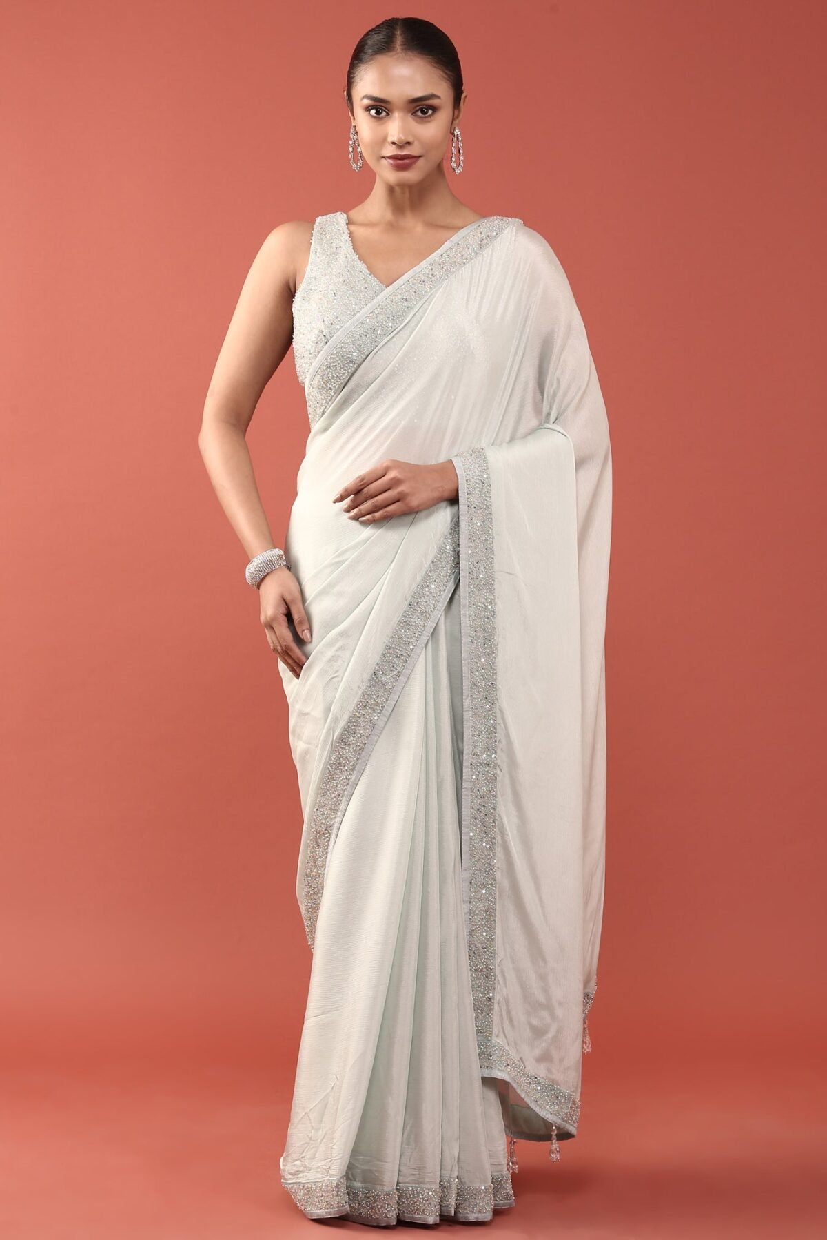 Sea Blue Crepe Stone And Thread Embroidery Saree With Readymade Blouse