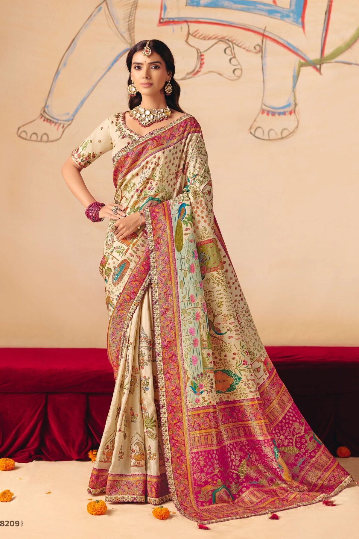 Creamy Beige Embellished Dola Silk Saree