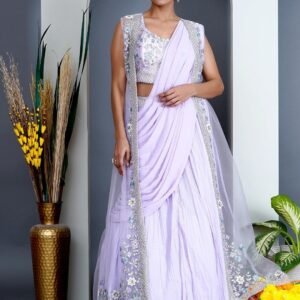 Lavender Georgette Draped Jacket Saree Set