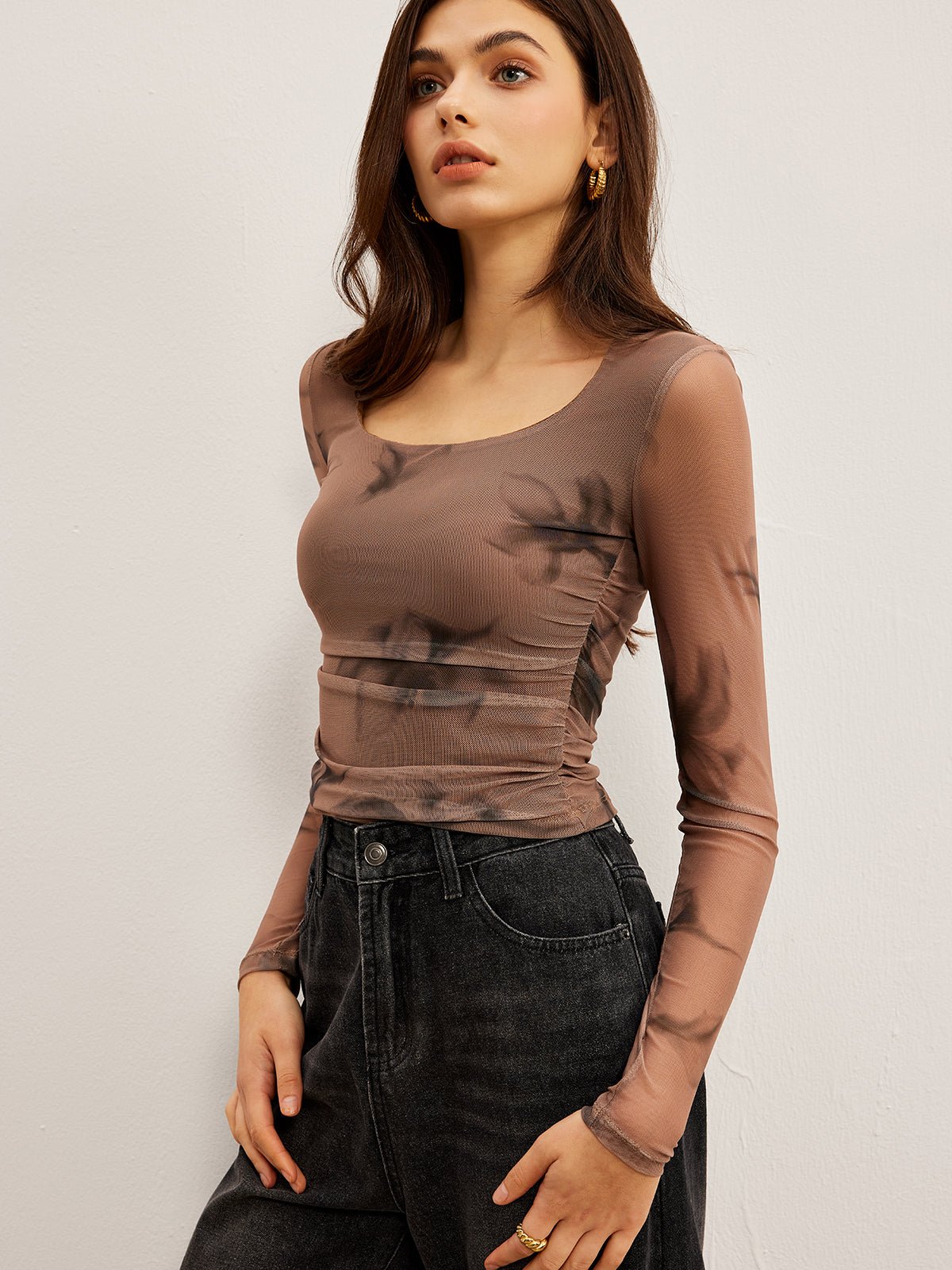 Tie Dye Floral Printed Mesh T-Shirt