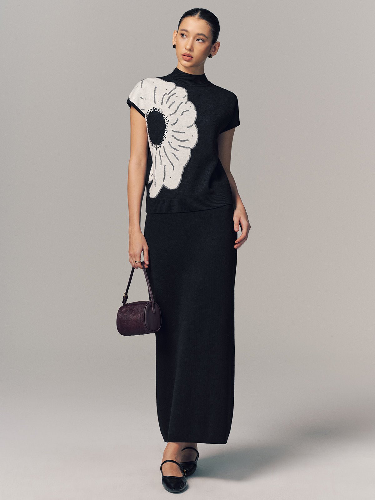 Wool-Blend Floral Print Top and Maxi Skirt Set
