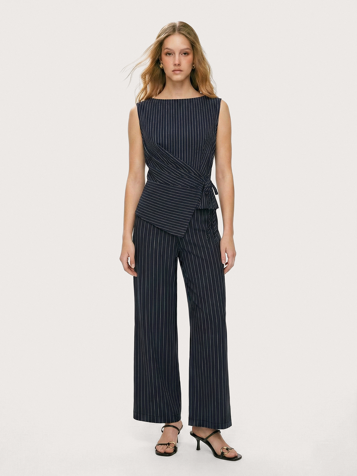 Pinstripe Wrap Top and Wide-Leg Pants Set