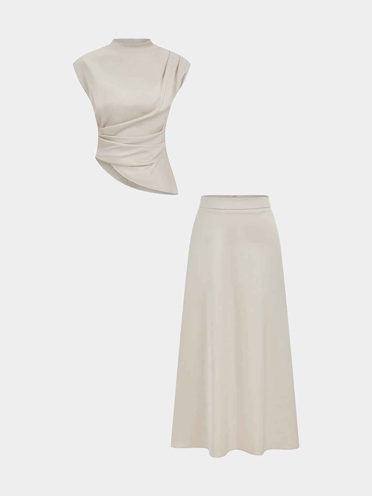 Satin Asymmetric Ruched Top and Midi Skirt Set