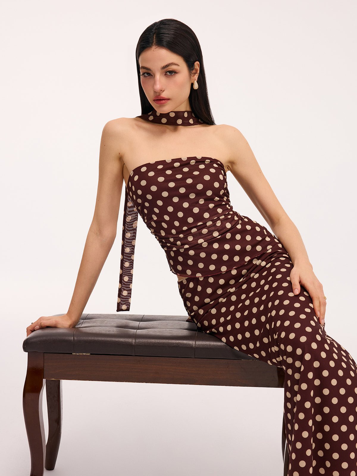 Polka Dot Ruched Scarf Top and Maxi Skirt Set