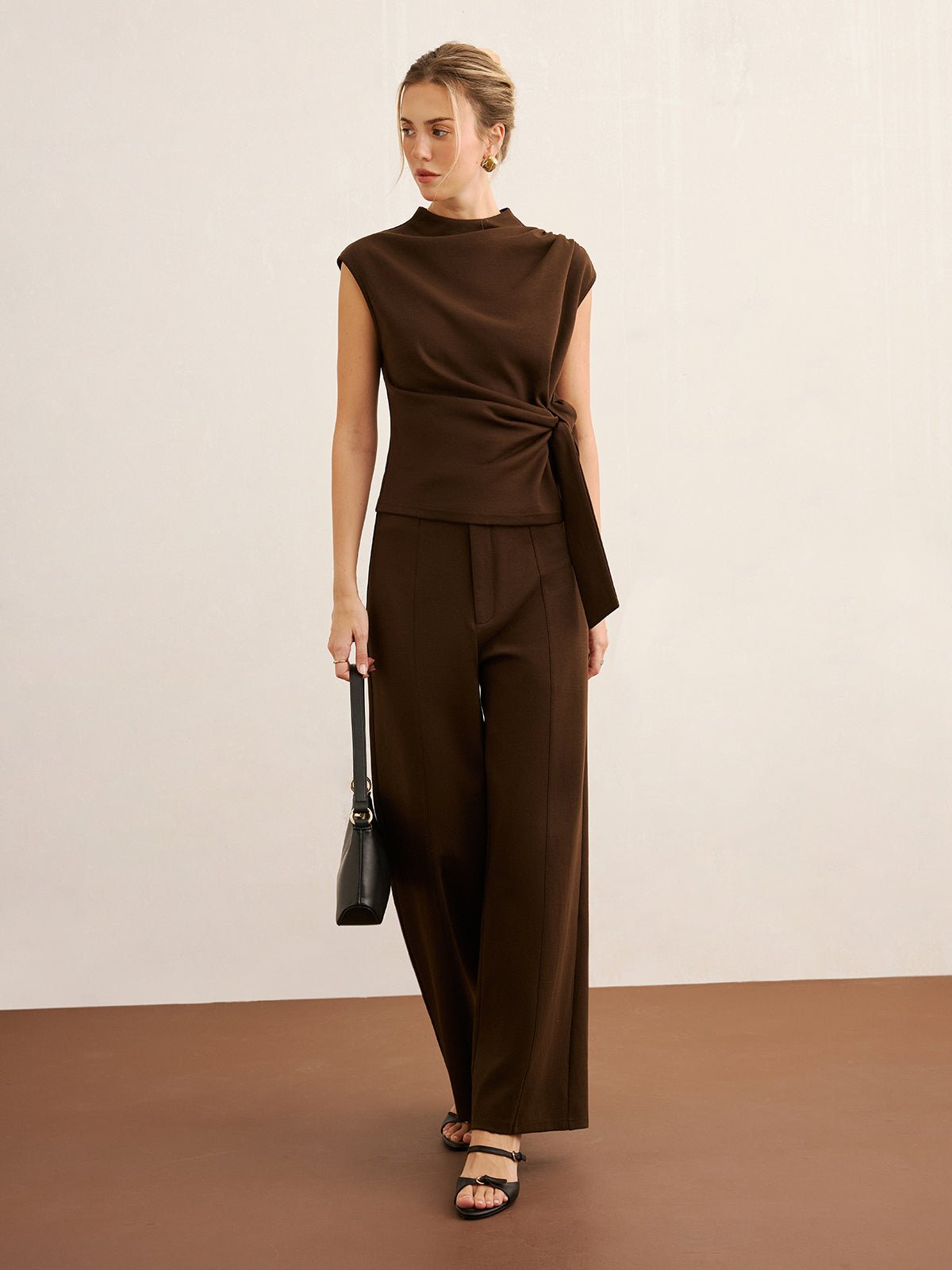 Twist Front Sleeveless Top and Wide-Leg Pants Set