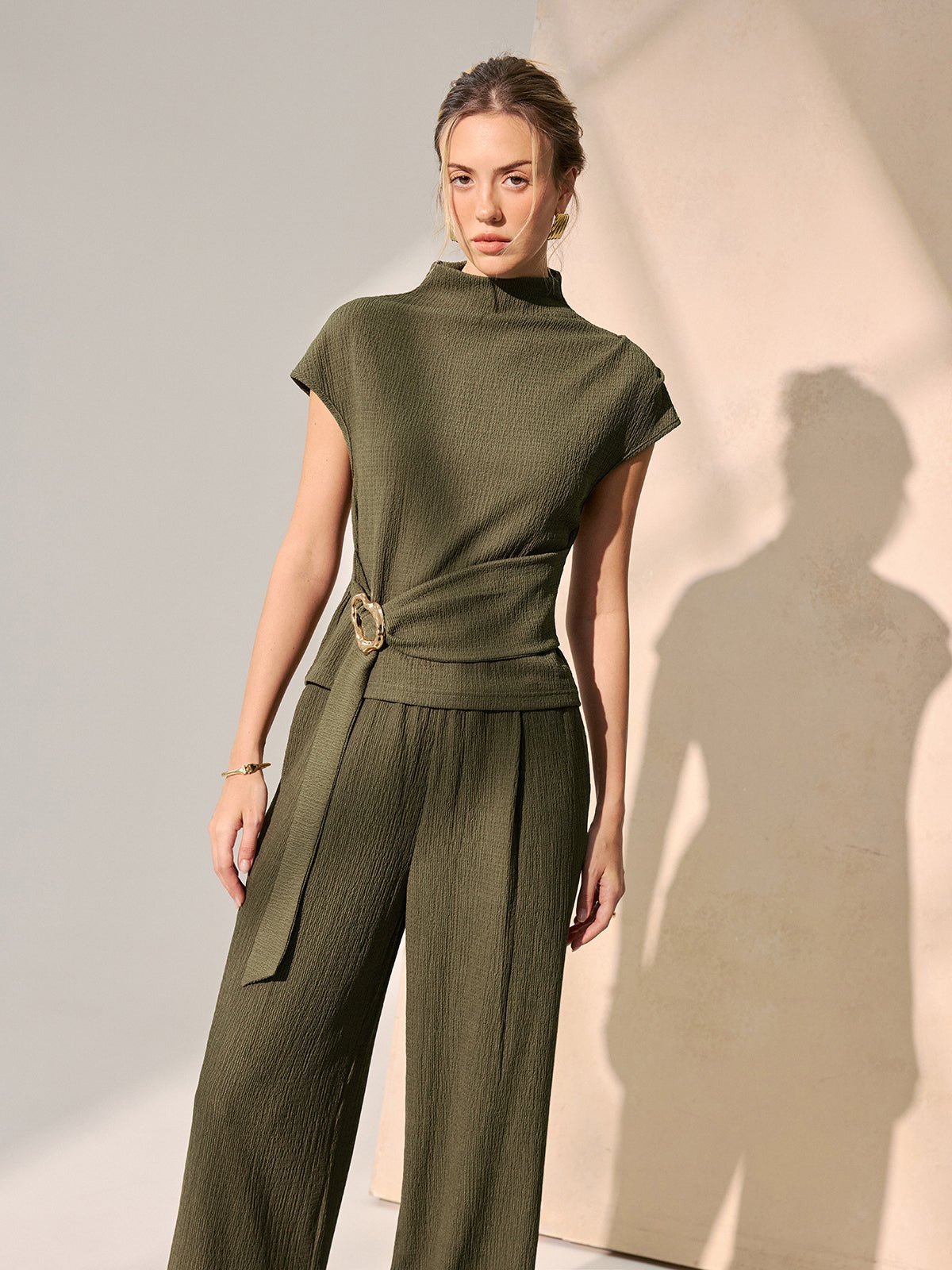 Tie-Waist Textured Knit Top and Pants Set
