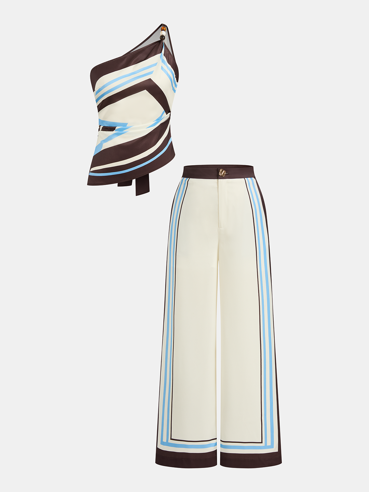 Printed One Shoulder Satin Top and Pants Set